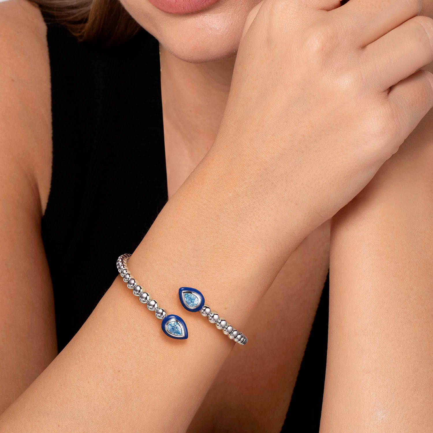 Bujukan Blue Topaz Bypass Bangle Bracelet with Deep Blue Enamel in Sterling Silver, photograph 4