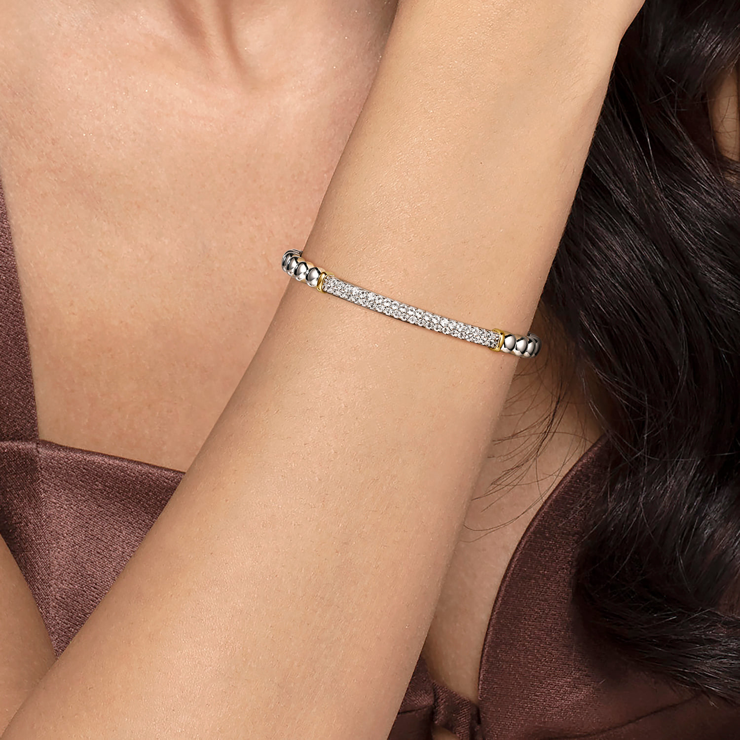 and Bujukan White Sapphire Open Bangle Bracelet in 14K Yellow Gold, photograph 2