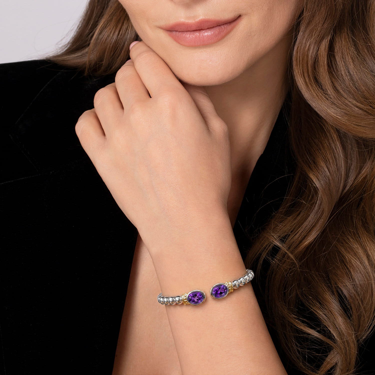 and Bujukan Amethyst Open Bangle Bracelet in 14K Yellow Gold, photograph 4