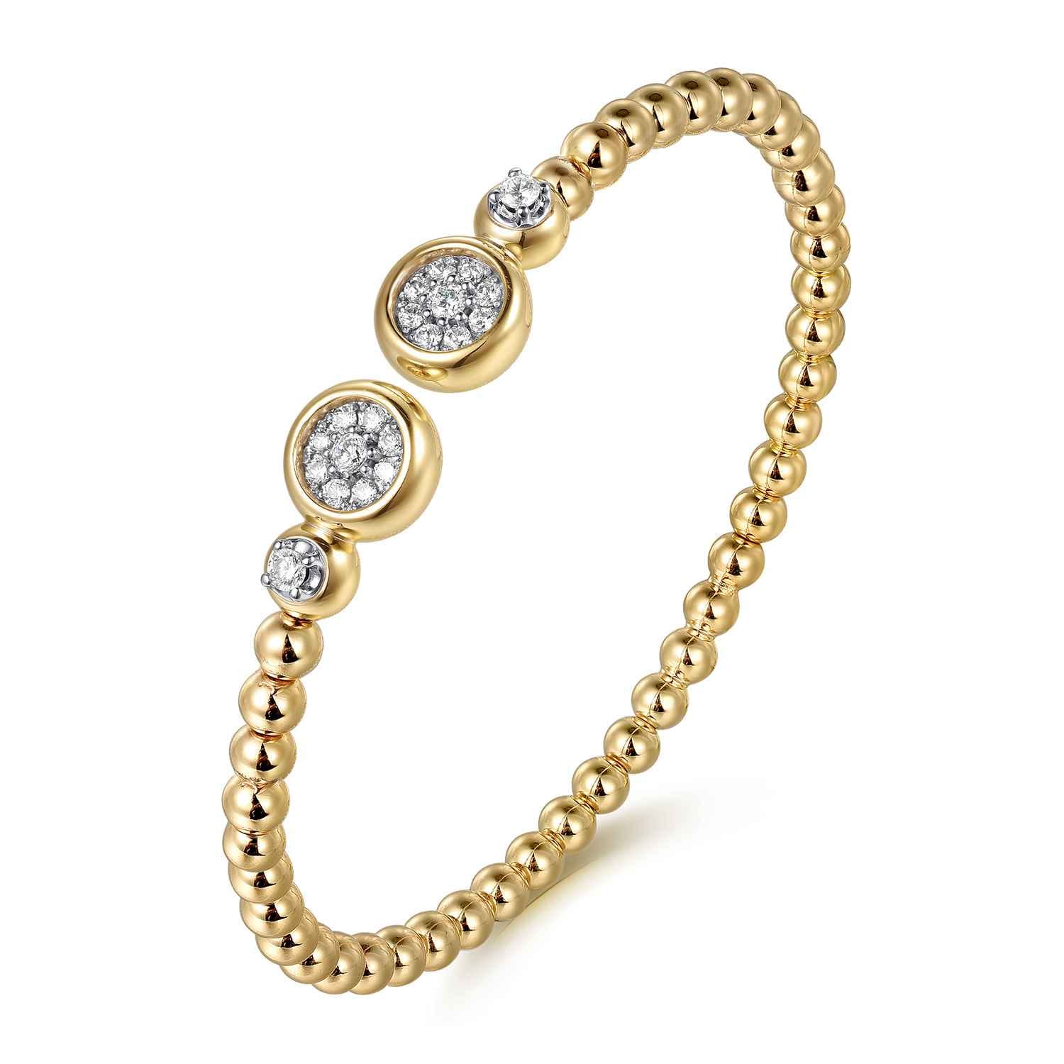 Bujukan and Diamond Cluster Bezel Open Bangle Bracelet in 14K White/Yellow Gold, photograph 2
