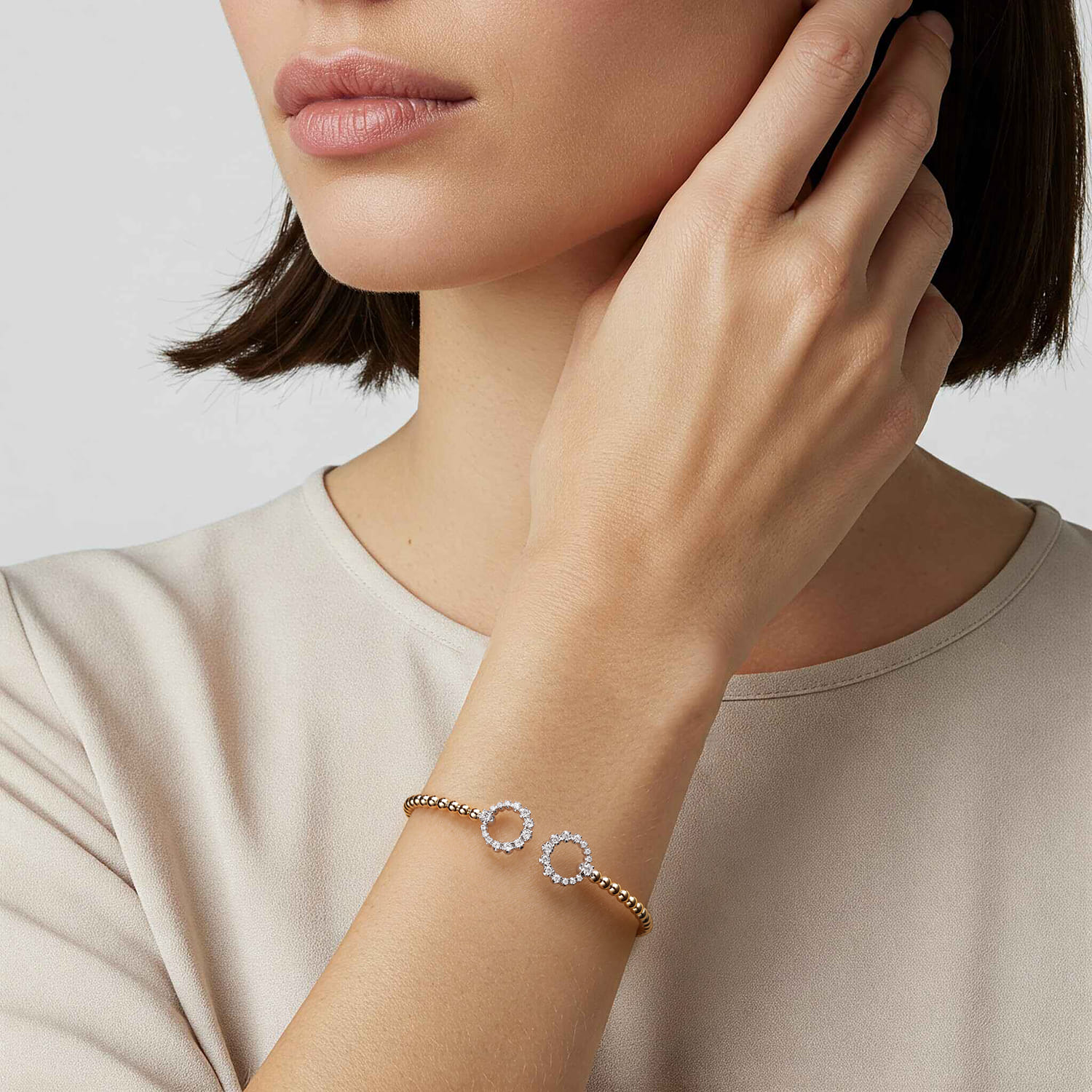 Bujukan and Diamond Circle Open Bangle Bracelet in 14K Yellow Gold, photograph 4