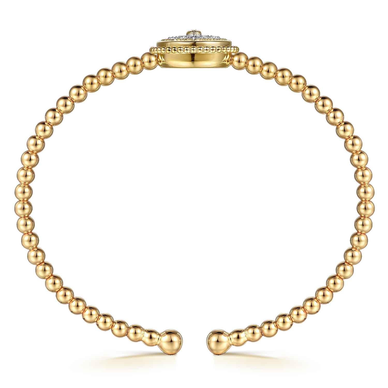 Bujukan Diamond and White Mother of Pearl Medallion Split Bangle Bracelet in 14K Yellow Gold, photograph 3
