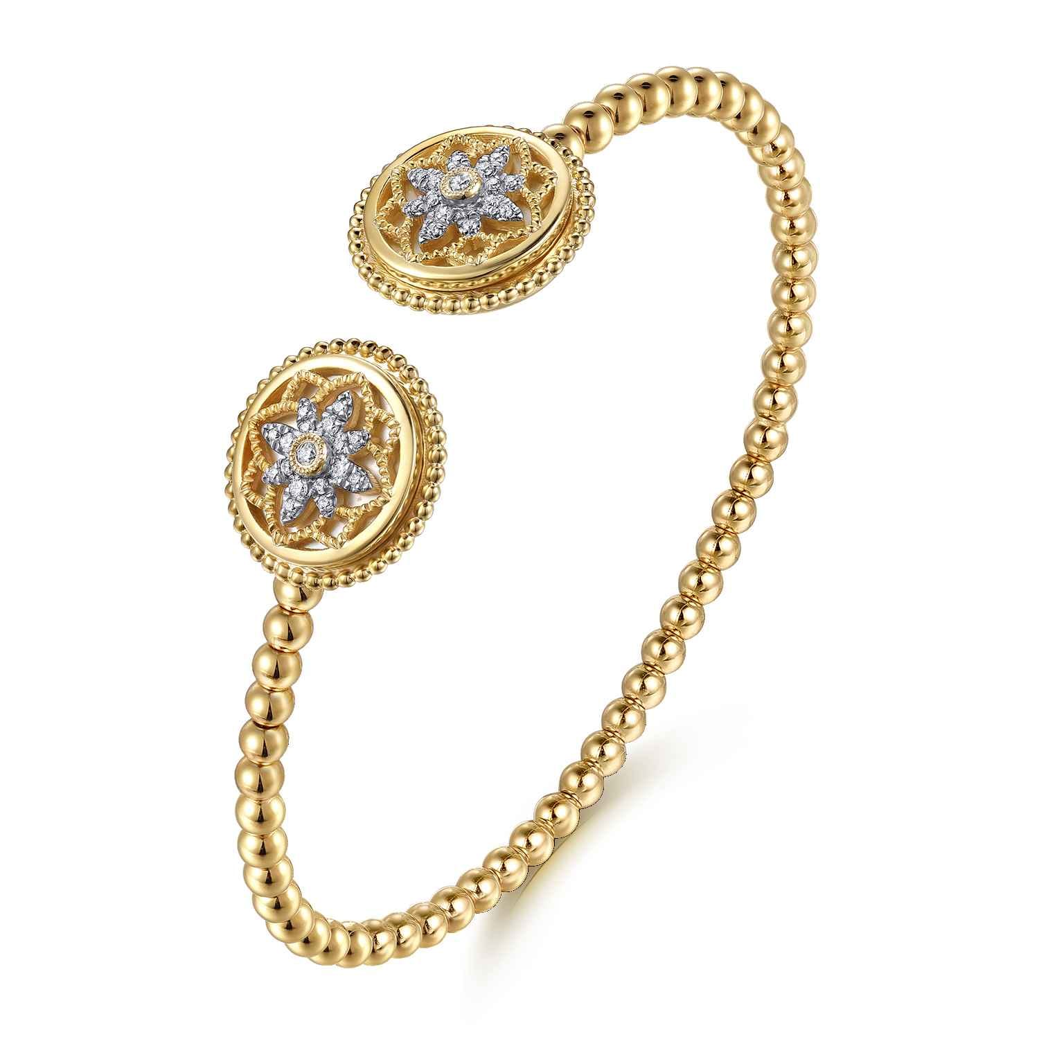 Bujukan Diamond and White Mother of Pearl Double Medallion Open Bangle Bracelet in 14K Yellow Gold, photograph 2
