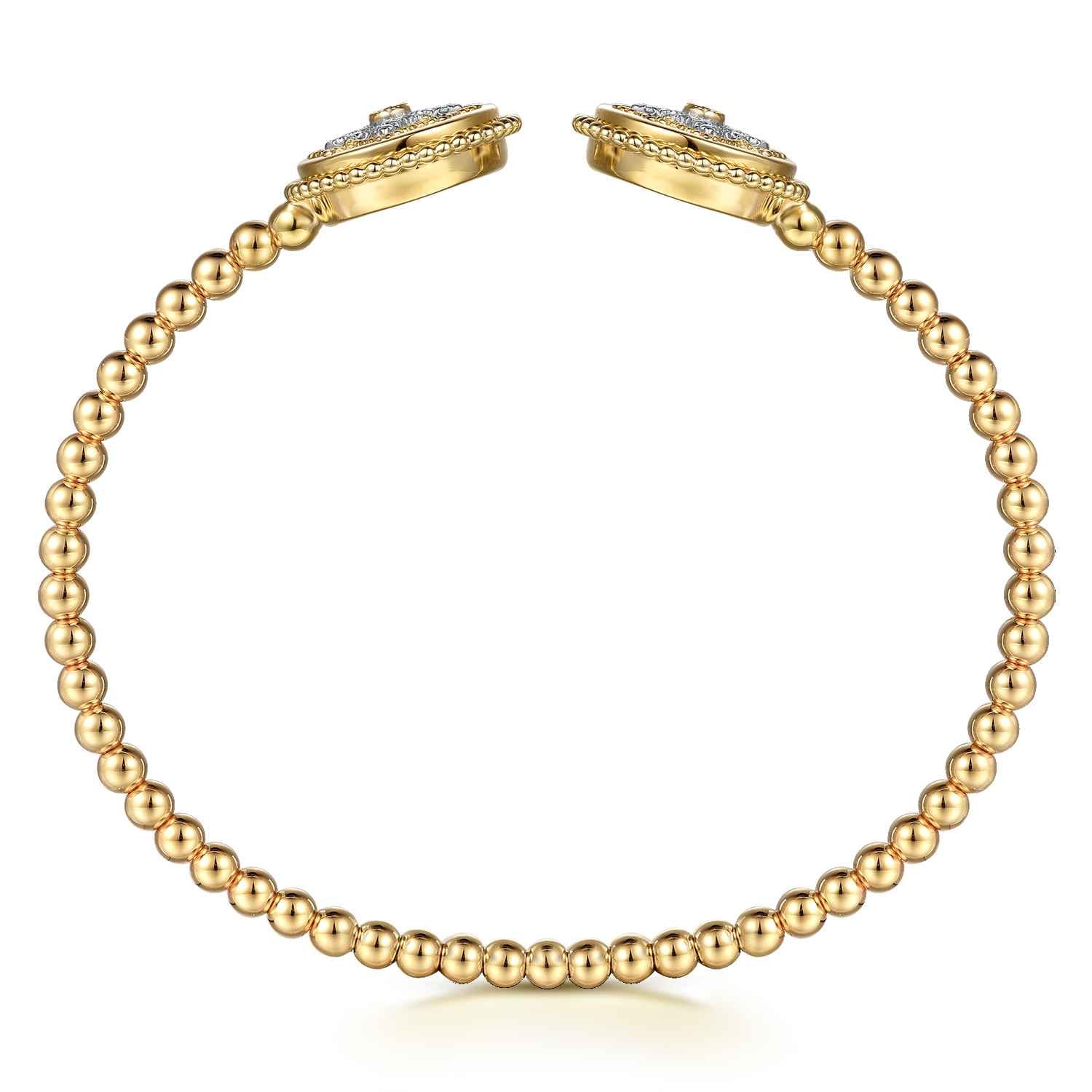 Bujukan Diamond and White Mother of Pearl Double Medallion Open Bangle Bracelet in 14K Yellow Gold, photograph 3