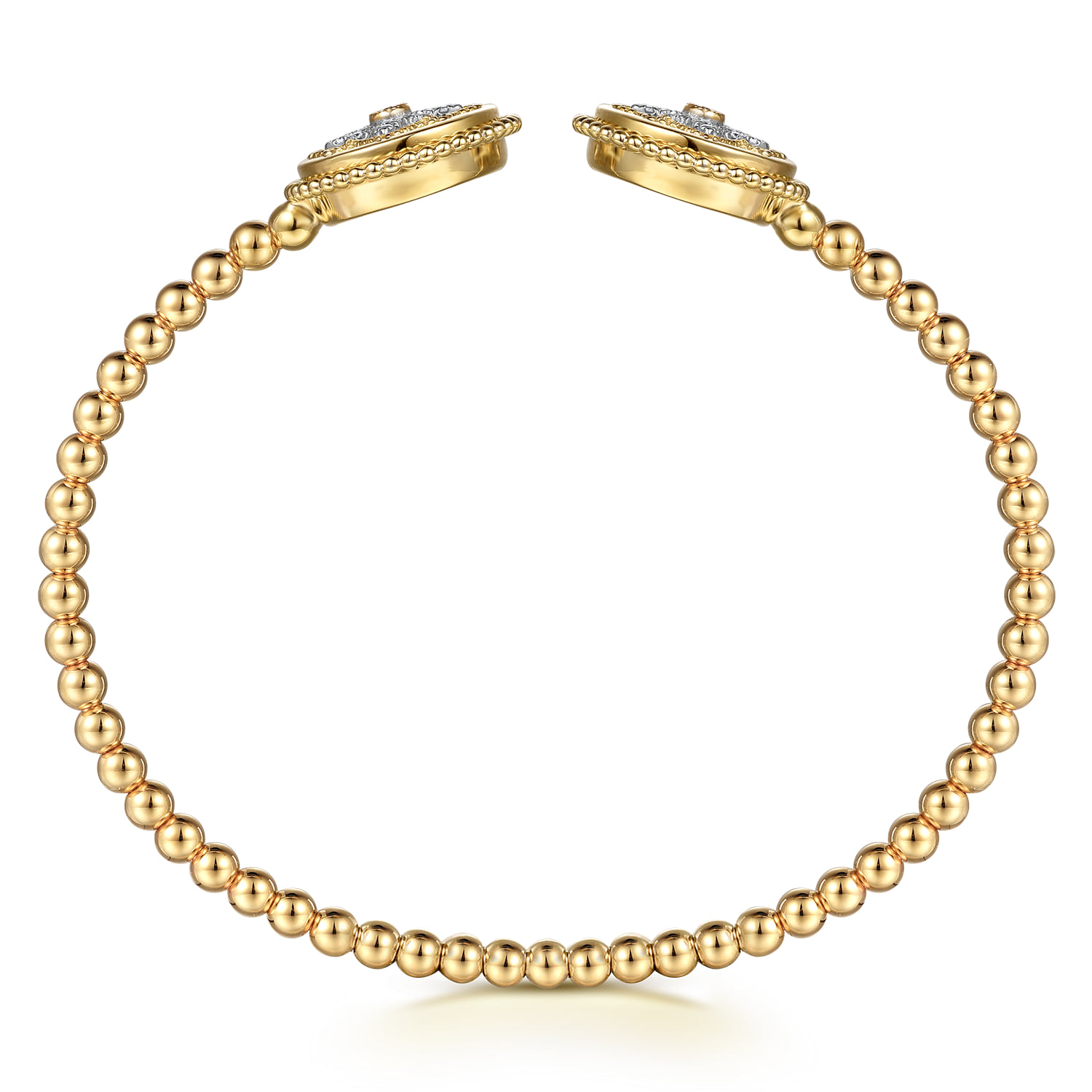 Bujukan Diamond and White Mother of Pearl Double Medallion Open Bangle Bracelet in 14K Yellow Gold, photograph 3