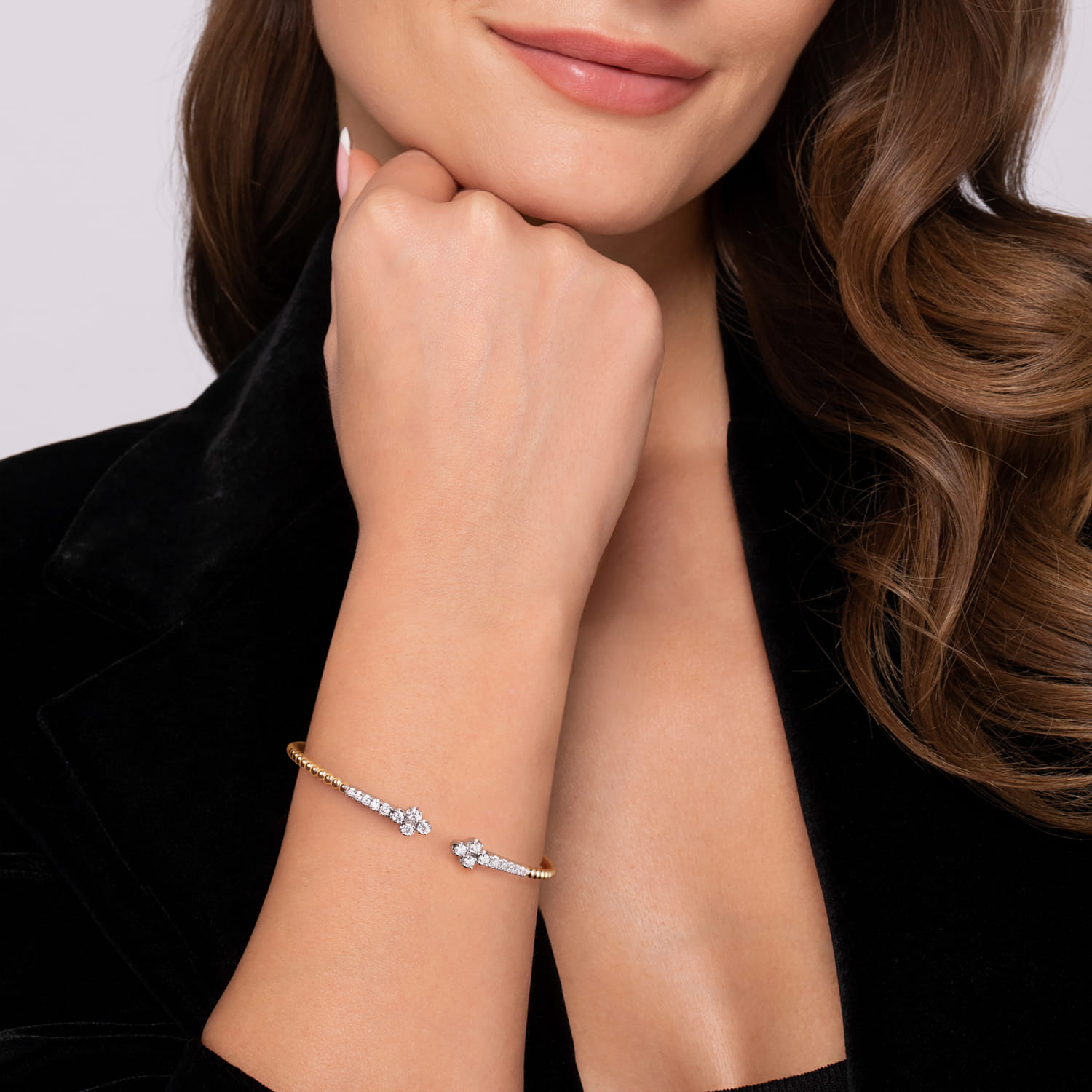 Bujukan and Diamond Clover Open Bangle Bracelet in 14K White/Yellow Gold, photograph 4