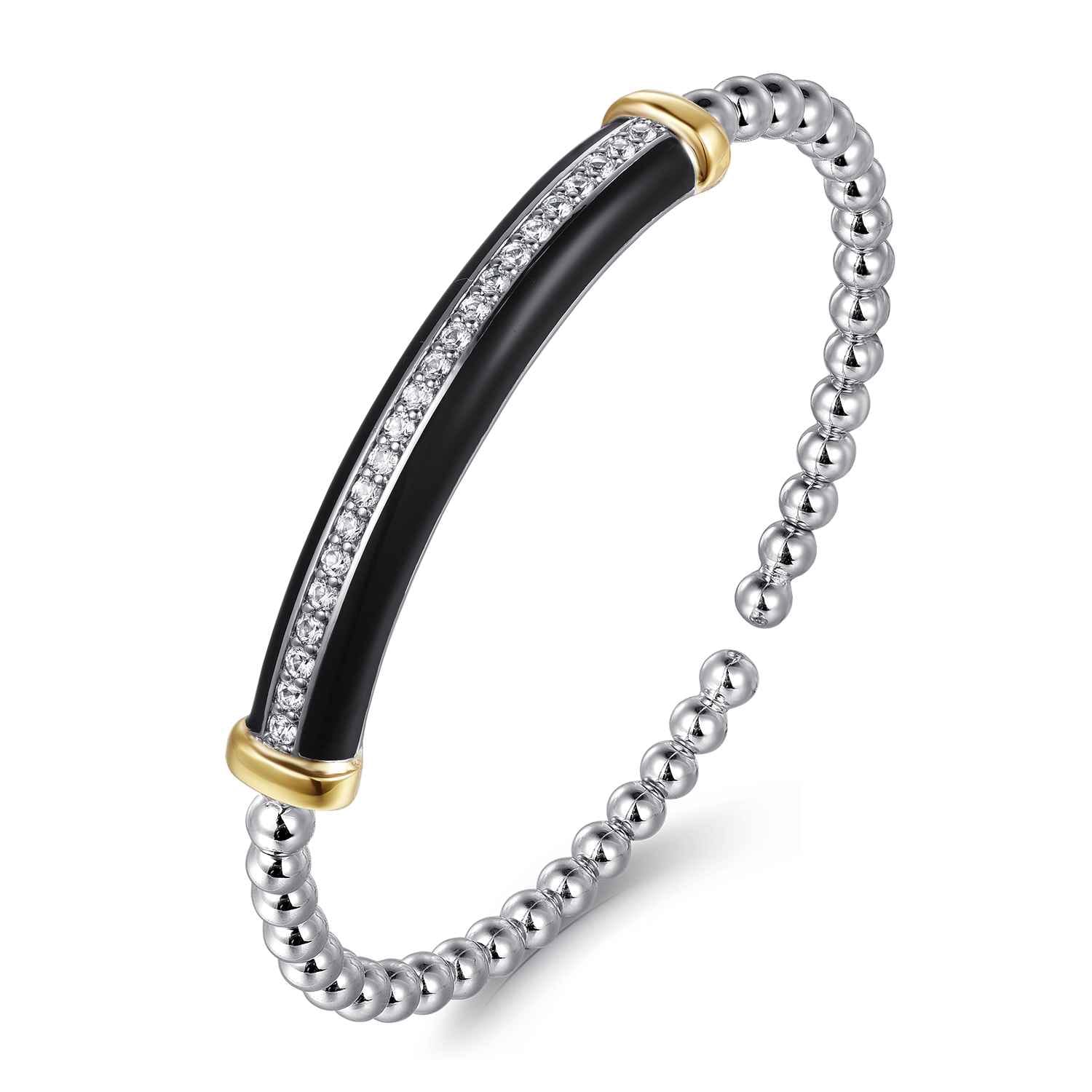 and Bujukan White Sapphire Cuff Bangle with Black Enamel in 14K Yellow Gold, photograph 2