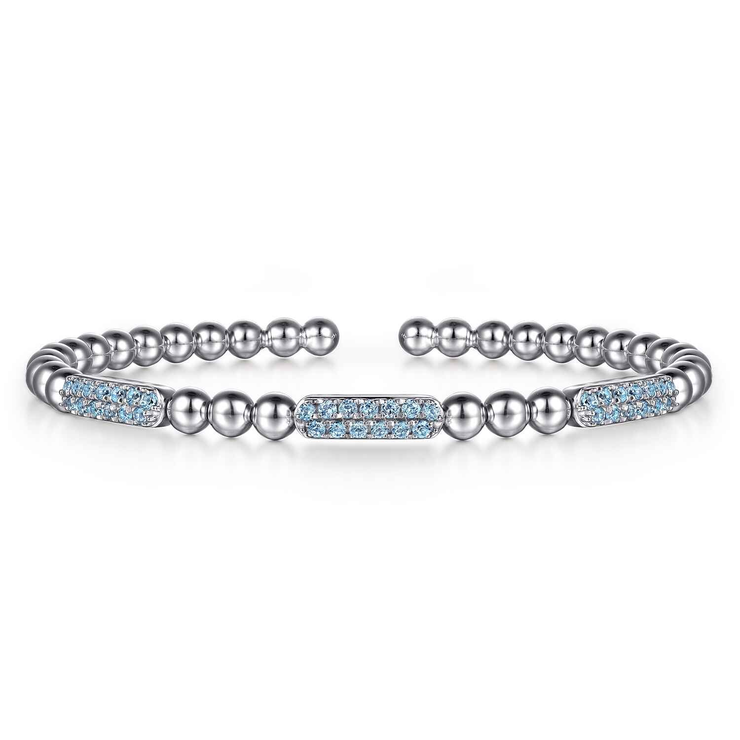 Blue Topaz Pave Three Station Bar Bujukan Beads Split Bangle Bracelet