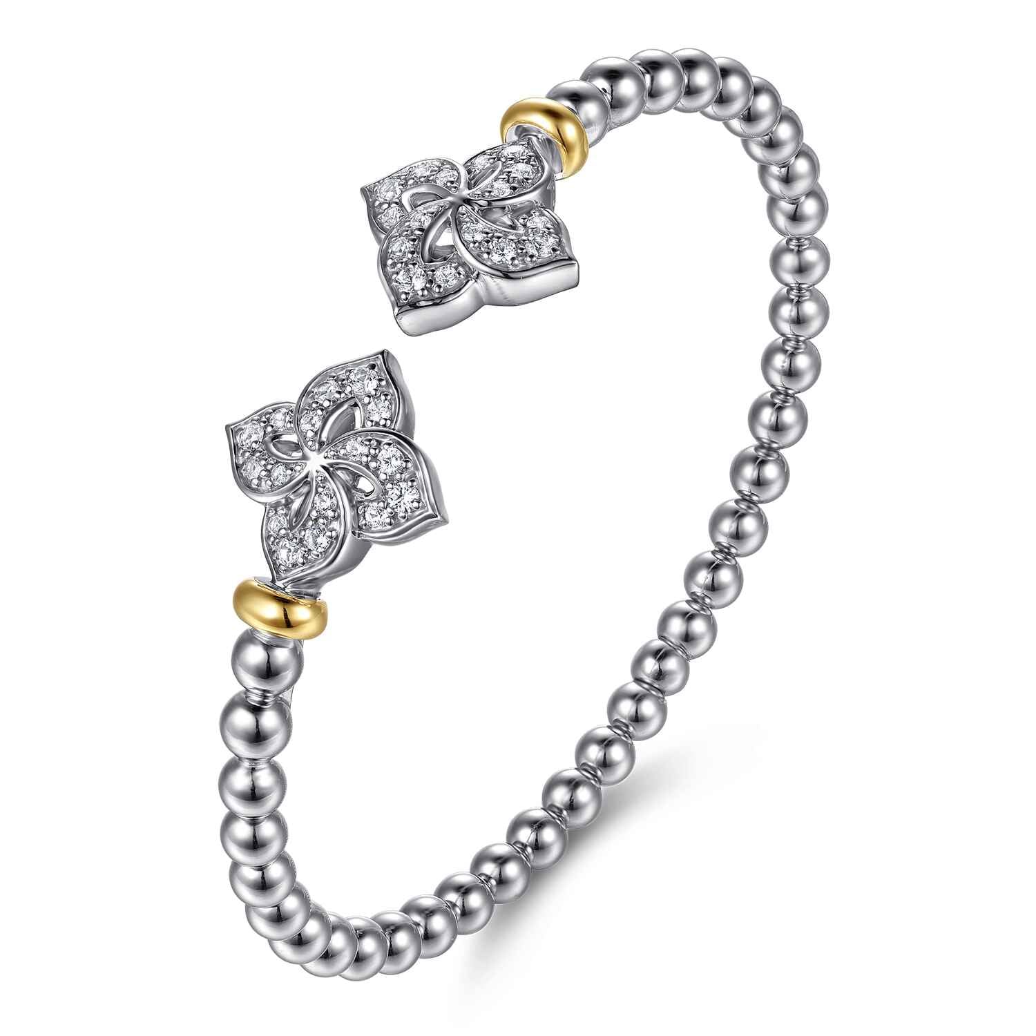 and Bujukan Beads and White Sapphire Flower Split Bangle Bracelet in 14K Yellow Gold, photograph 2