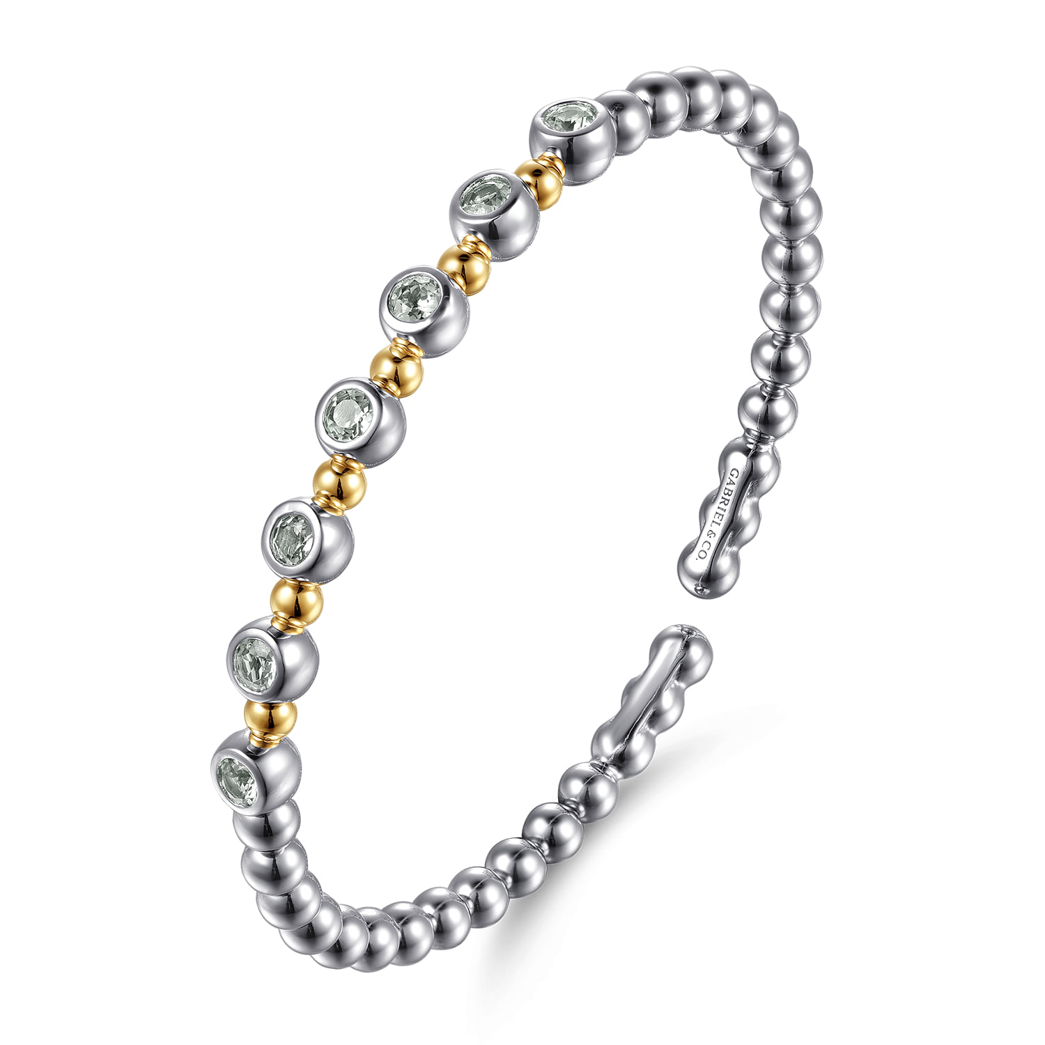 and Green Amethyst Bezel Set Bujukan Split Bangle Bracelet in 14K Yellow Gold, photograph 2