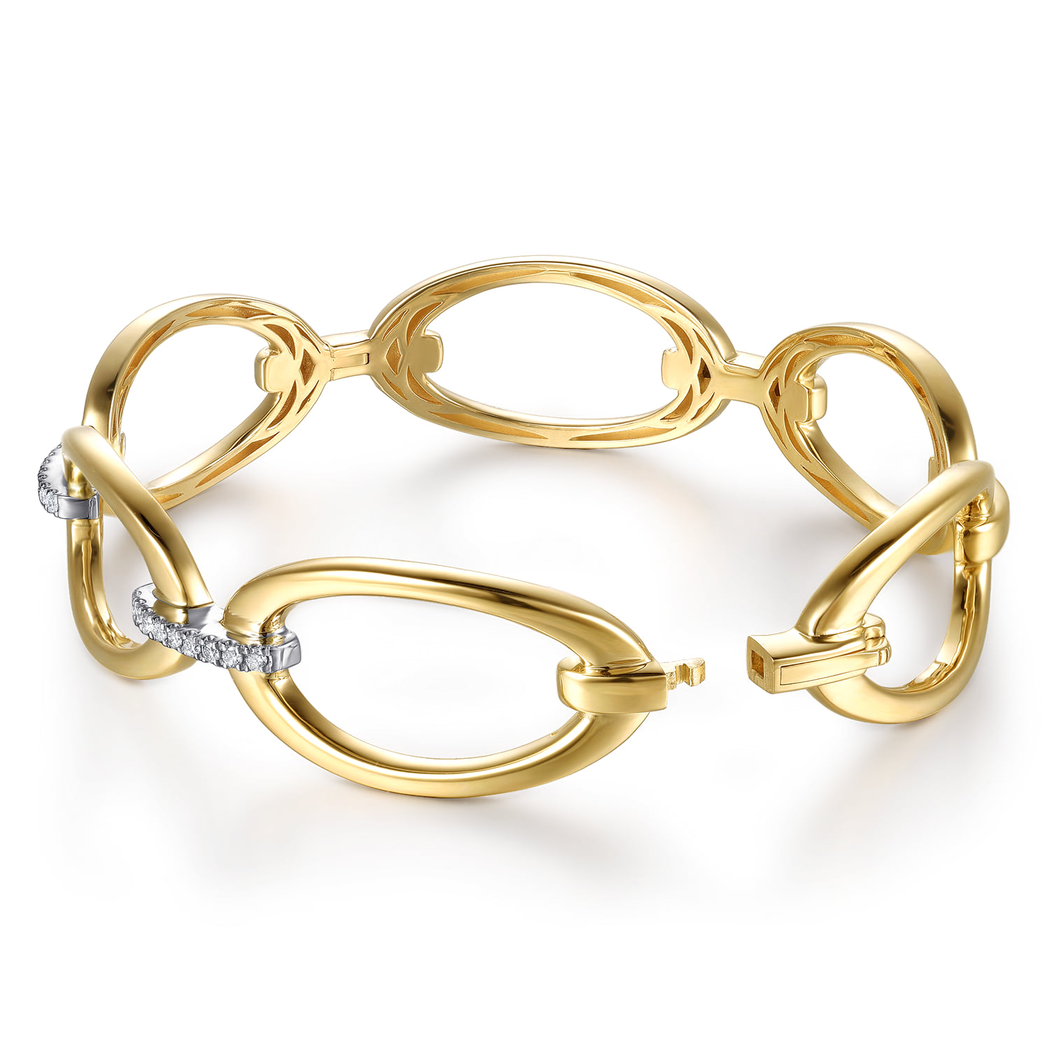 Diamond Link Closed Bangle Bracelet in 14K White/Yellow Gold, photograph 4