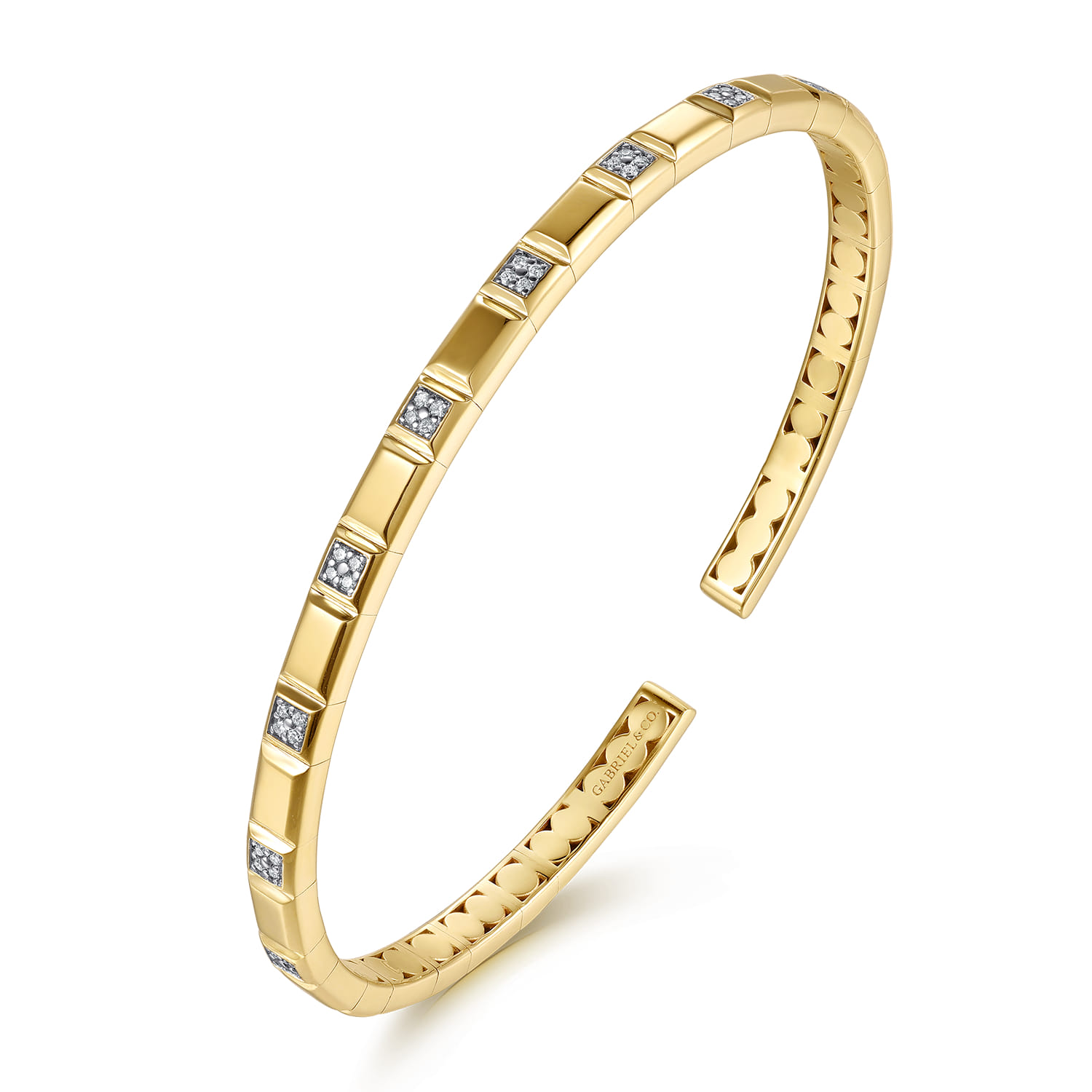 Diamond and Half Cube Cuff Bangle Bracelet in 14K Yellow Gold, photograph 3