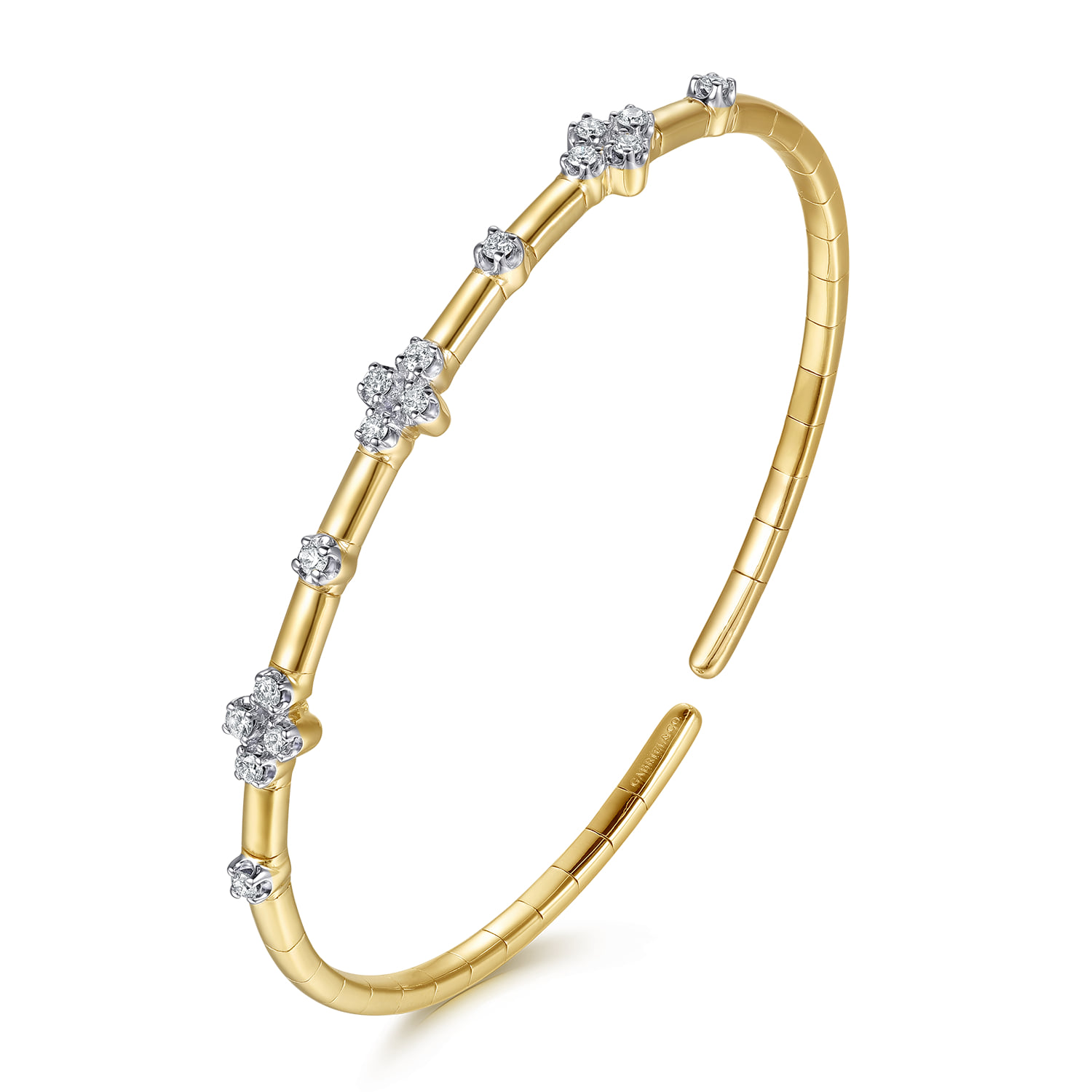Diamond Clover Station Cuff Bangle Bracelet in 14K Yellow Gold, photograph 2