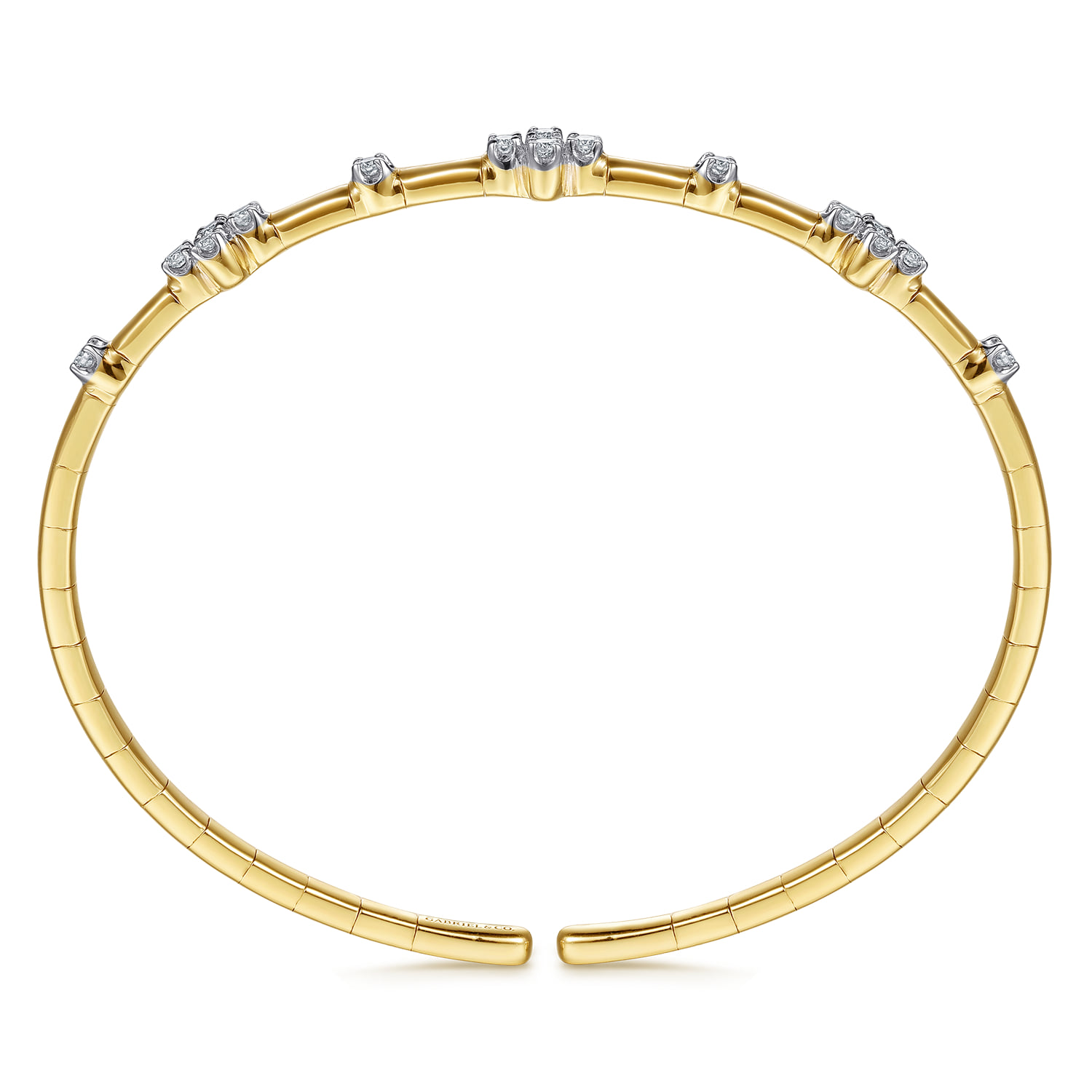 Diamond Clover Station Cuff Bangle Bracelet in 14K Yellow Gold, photograph 3