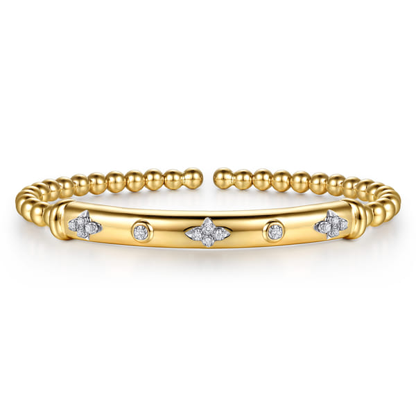 14K White  Yellow Gold Bujukan Beads Diamond Clover Station Cuff Bangle Bracelet