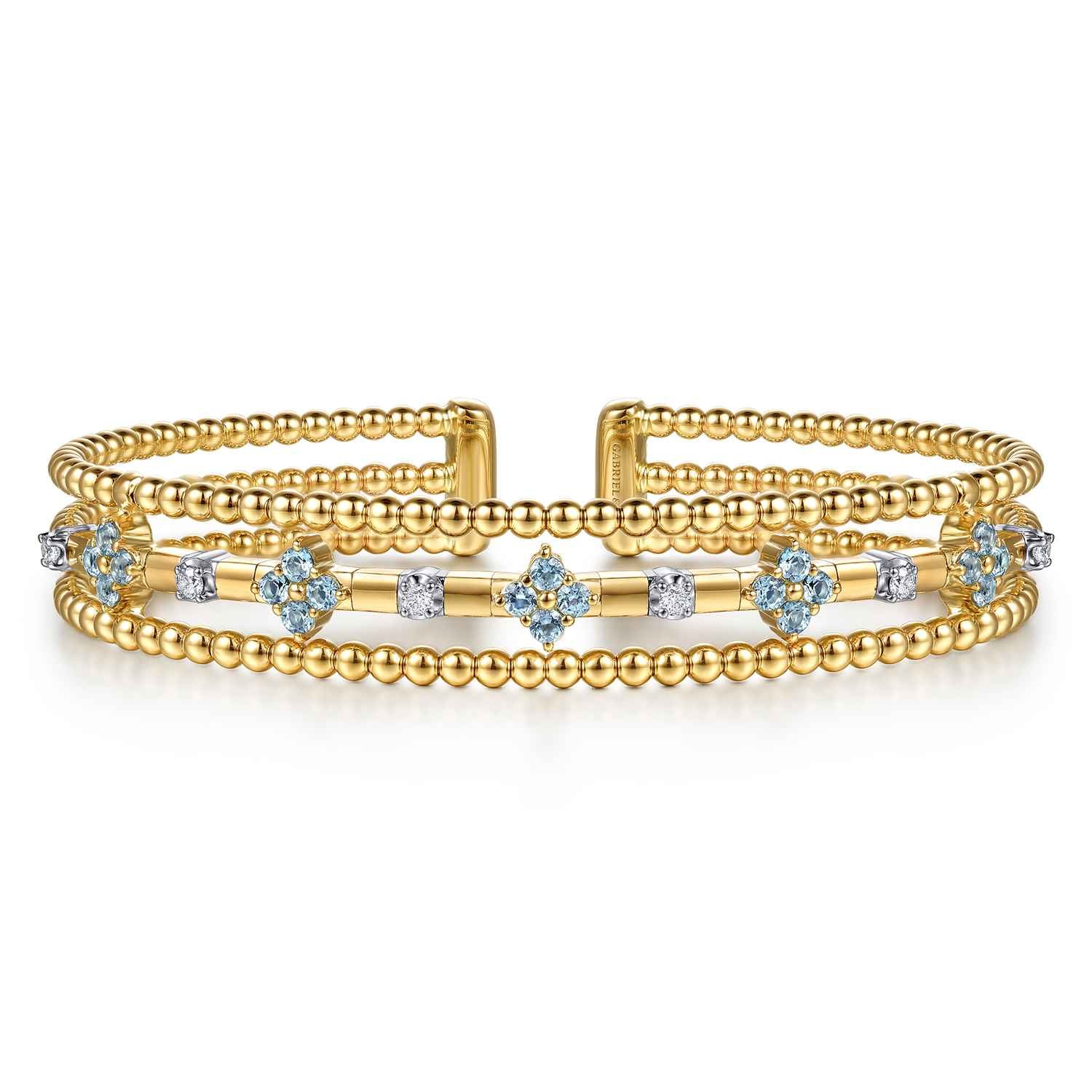 Bujukan Beaded Diamond and Blue Topaz Flower Cuff Bangle Bracelet