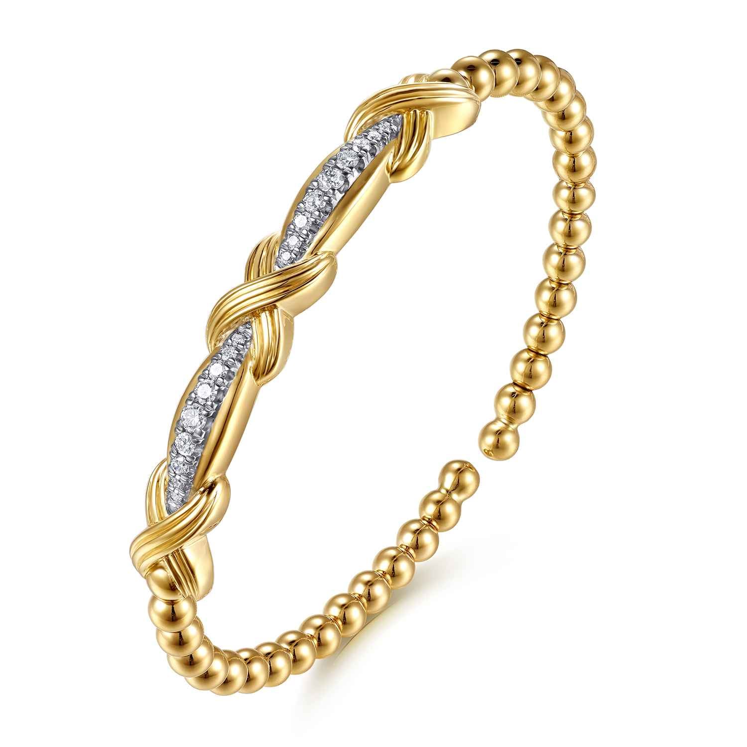 Bujukan Beaded Graduating Diamond Criss Cross Cuff Bangle Bracelet in 14K Yellow Gold, photograph 2
