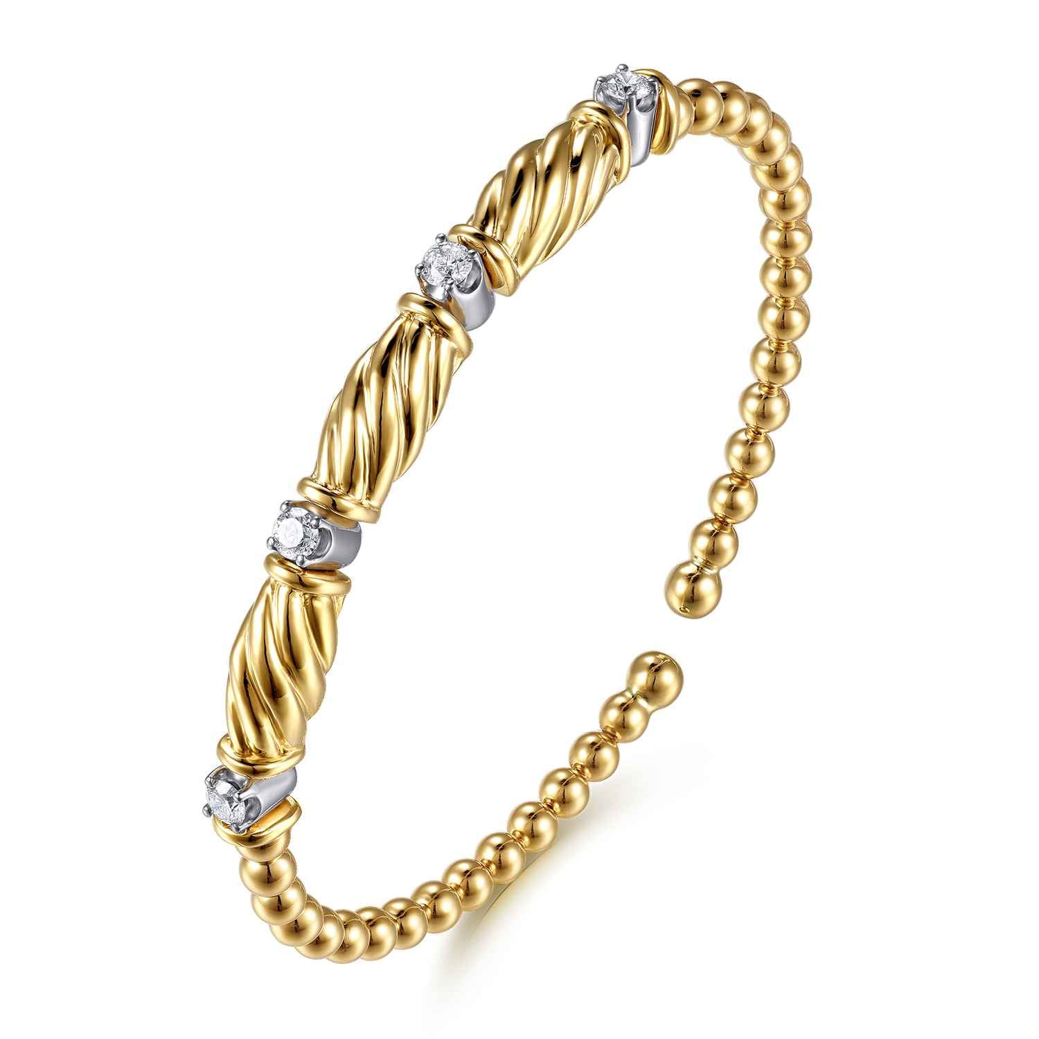 Bujukan Beaded Diamond Station Cuff Bangle Bracelet in 14K White/Yellow Gold, photograph 2