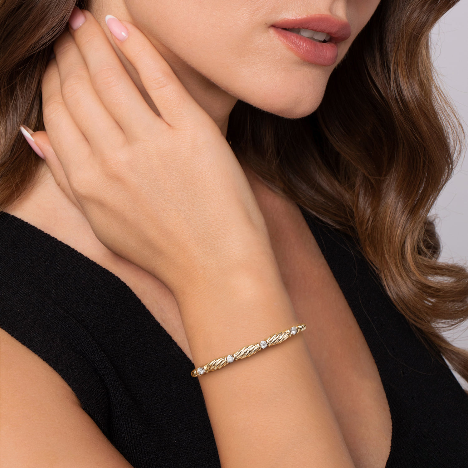 Bujukan Beaded Diamond Station Cuff Bangle Bracelet in 14K White/Yellow Gold, photograph 4