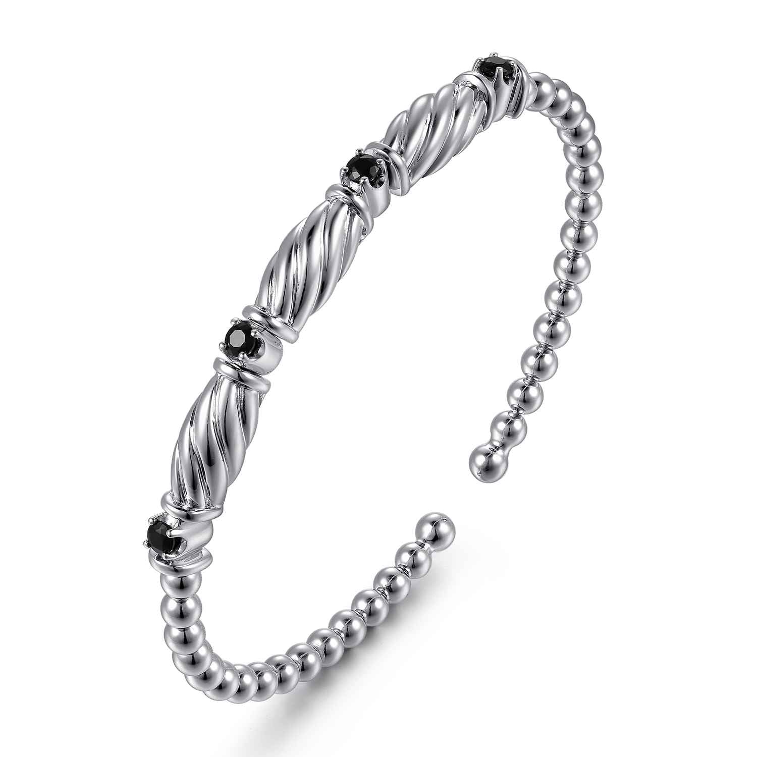 Bujukan Beaded Black Spinel Station Cuff Bangle Bracelet in Sterling Silver, photograph 2