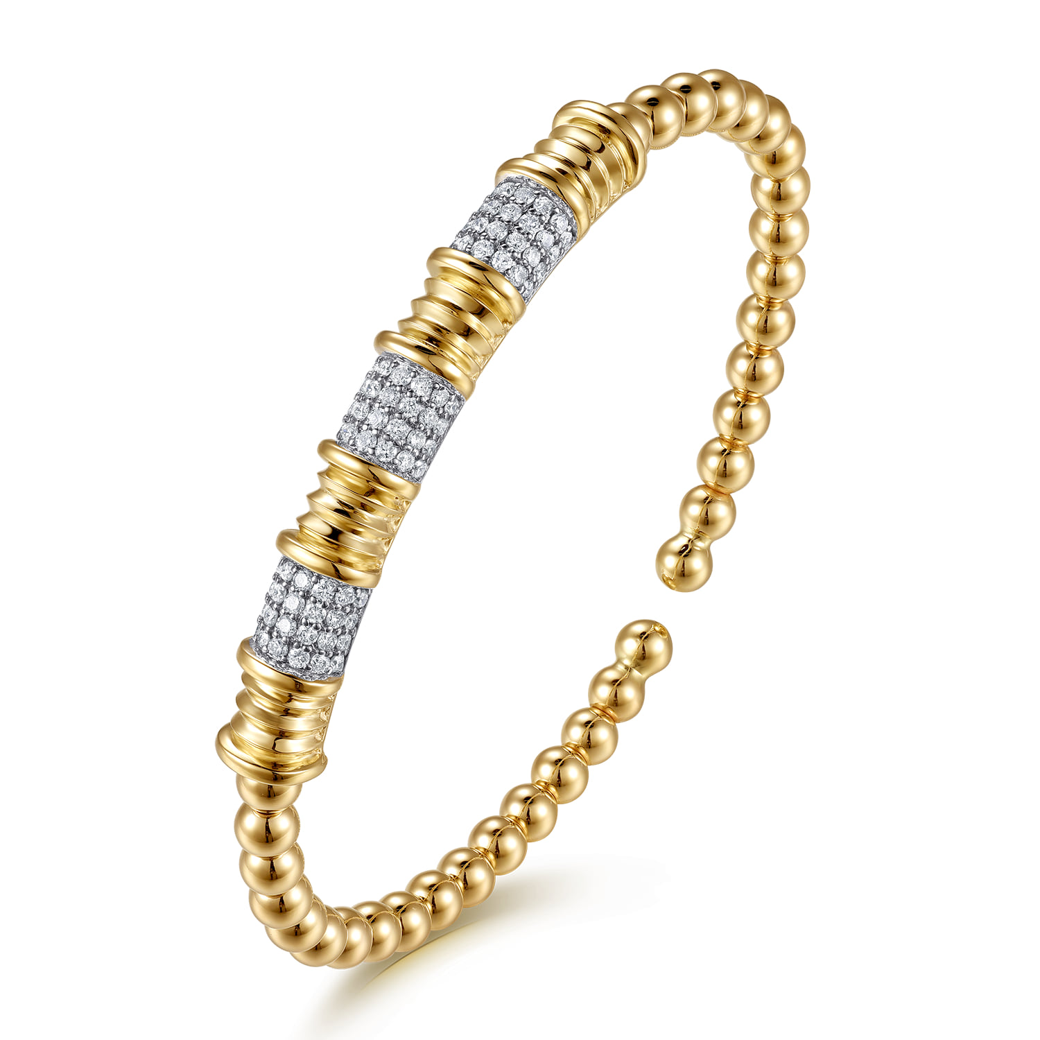 Diamond and Diamond Cut Station Cuff Bangle Bracelet in 14K Yellow Gold, photograph 3