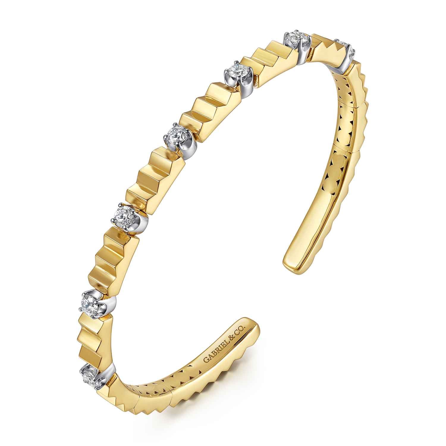 Diamond Cut and Diamond Station Cuff Bangle Bracelet in 14K White/Yellow Gold, photograph 2