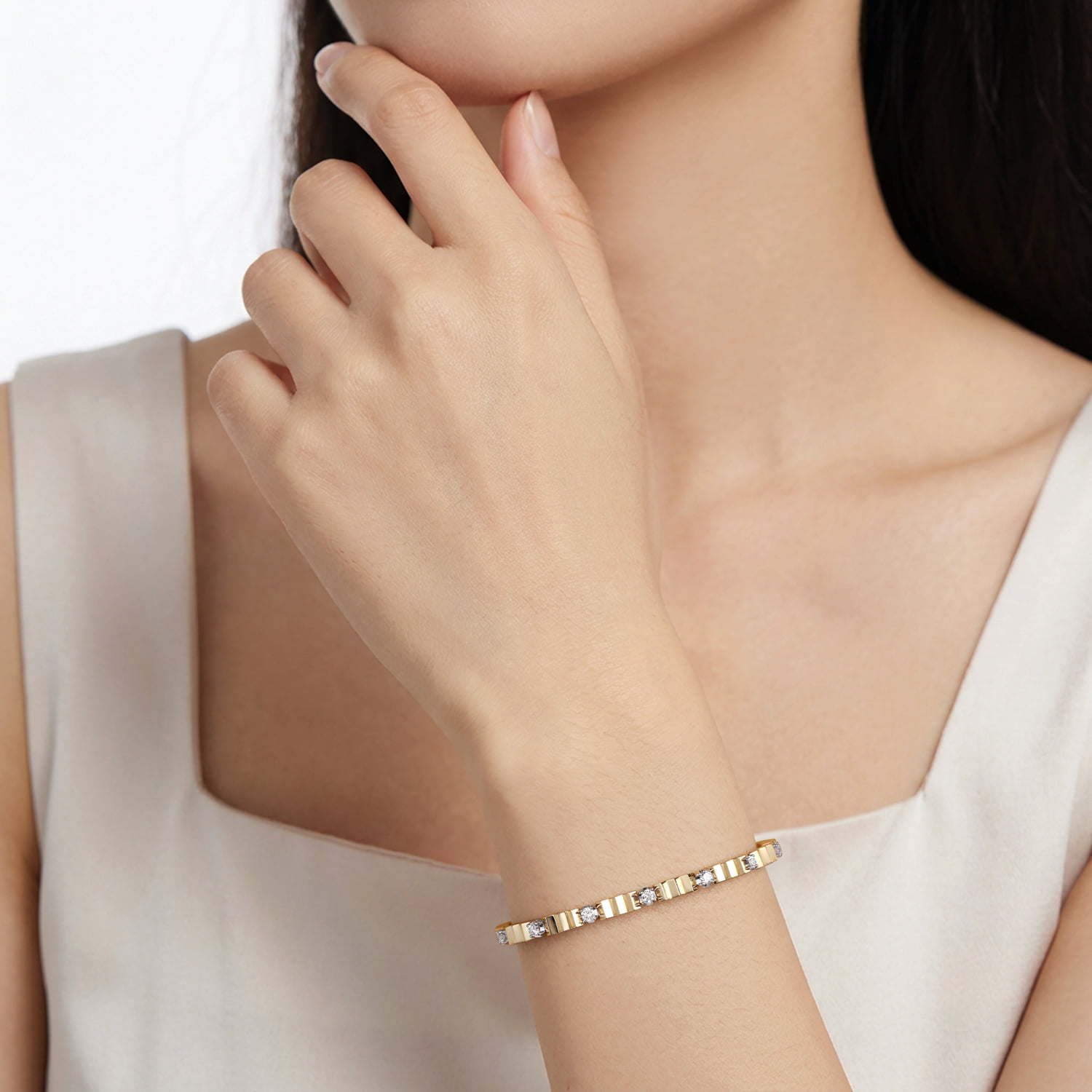 Diamond Cut and Diamond Station Cuff Bangle Bracelet in 14K White/Yellow Gold, photograph 4