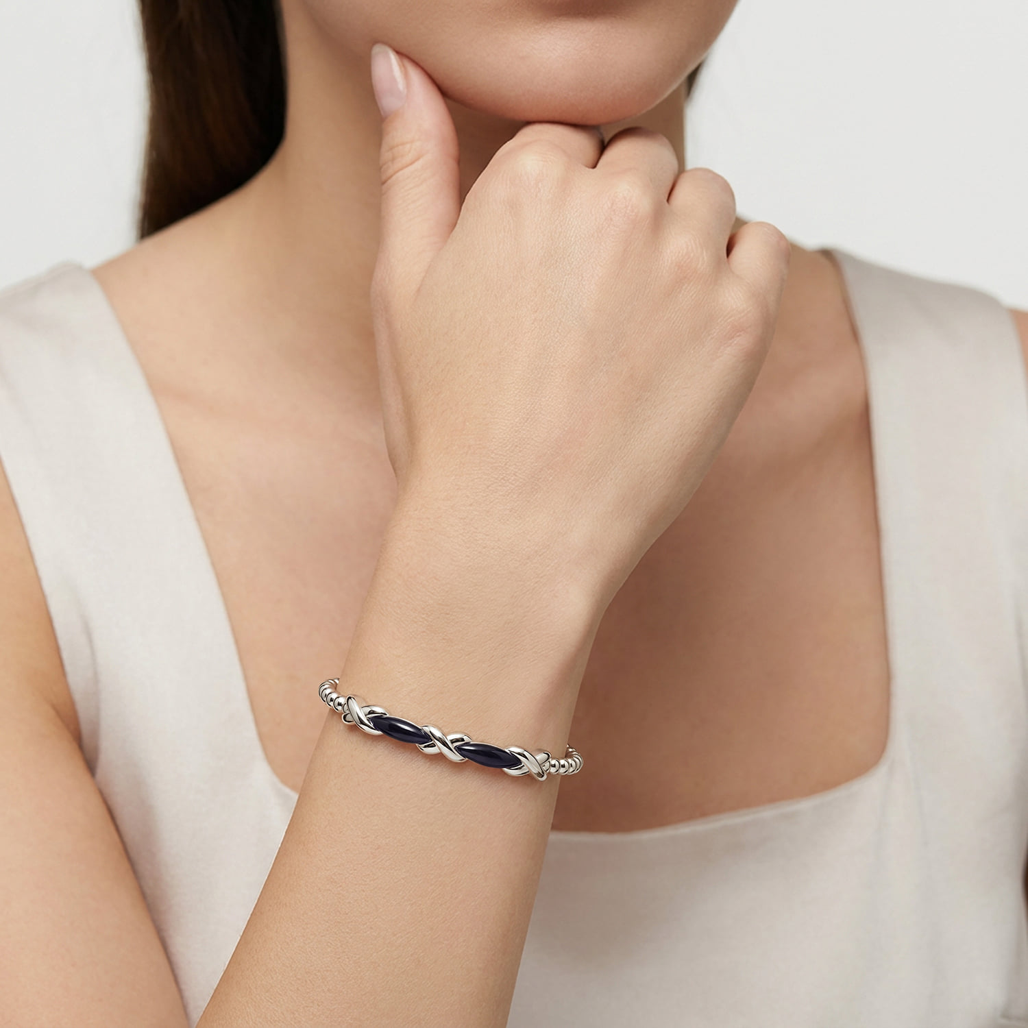 Bujukan X Cuff Bangle Bracelet with Enamel in Sterling Silver, photograph 5