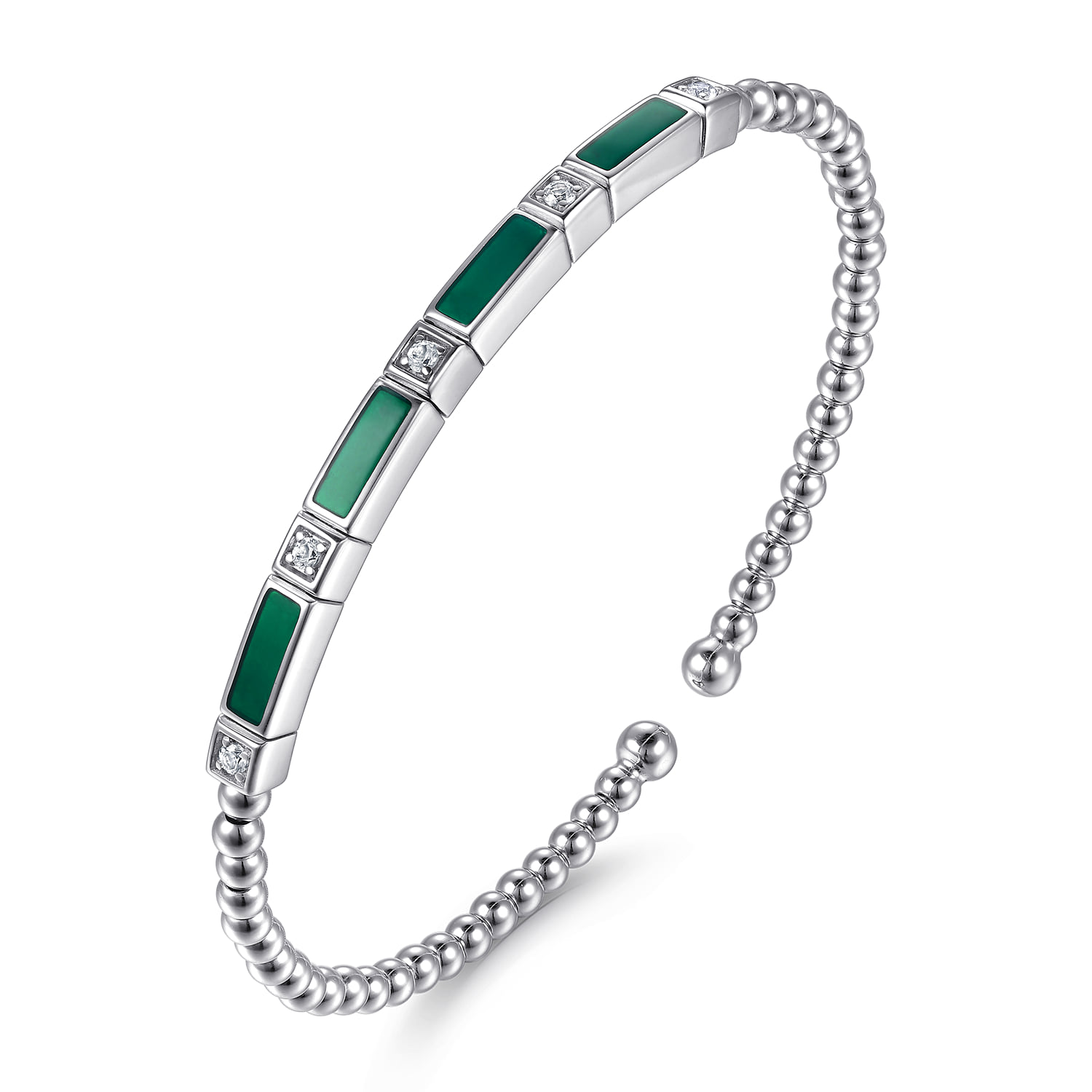 Bujukan White Sapphire Cuff Bangle Bracelet with Chrome Green Enamel in Sterling Silver, photograph 2