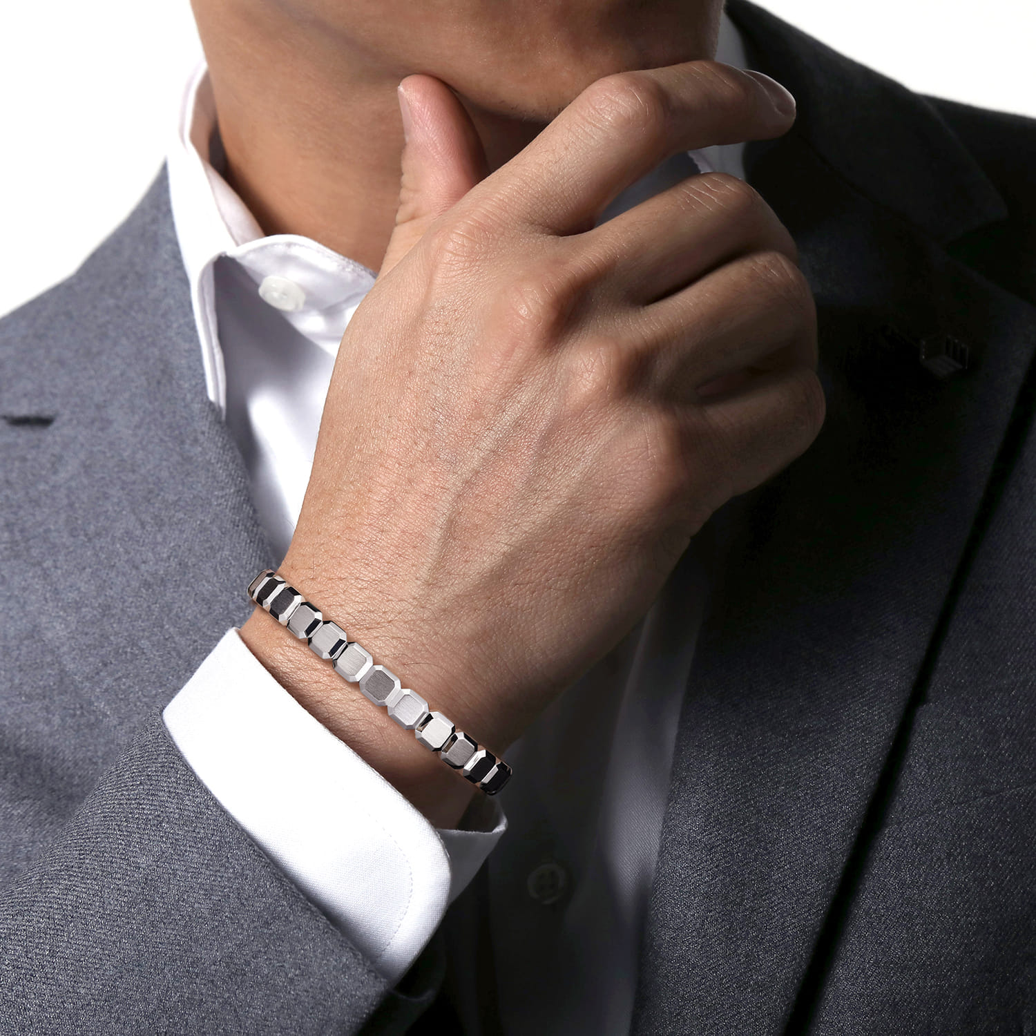 Open Cuff Geometric Bangle in Sterling Silver, photograph 4