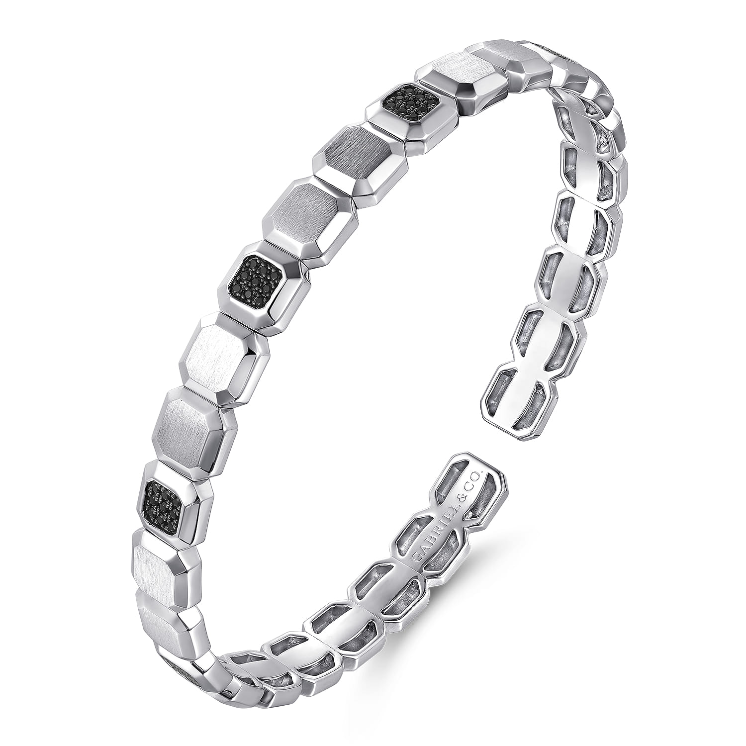 Geometric Open Cuff Bracelet With Black Spinel Stations in Sterling Silver, photograph 2