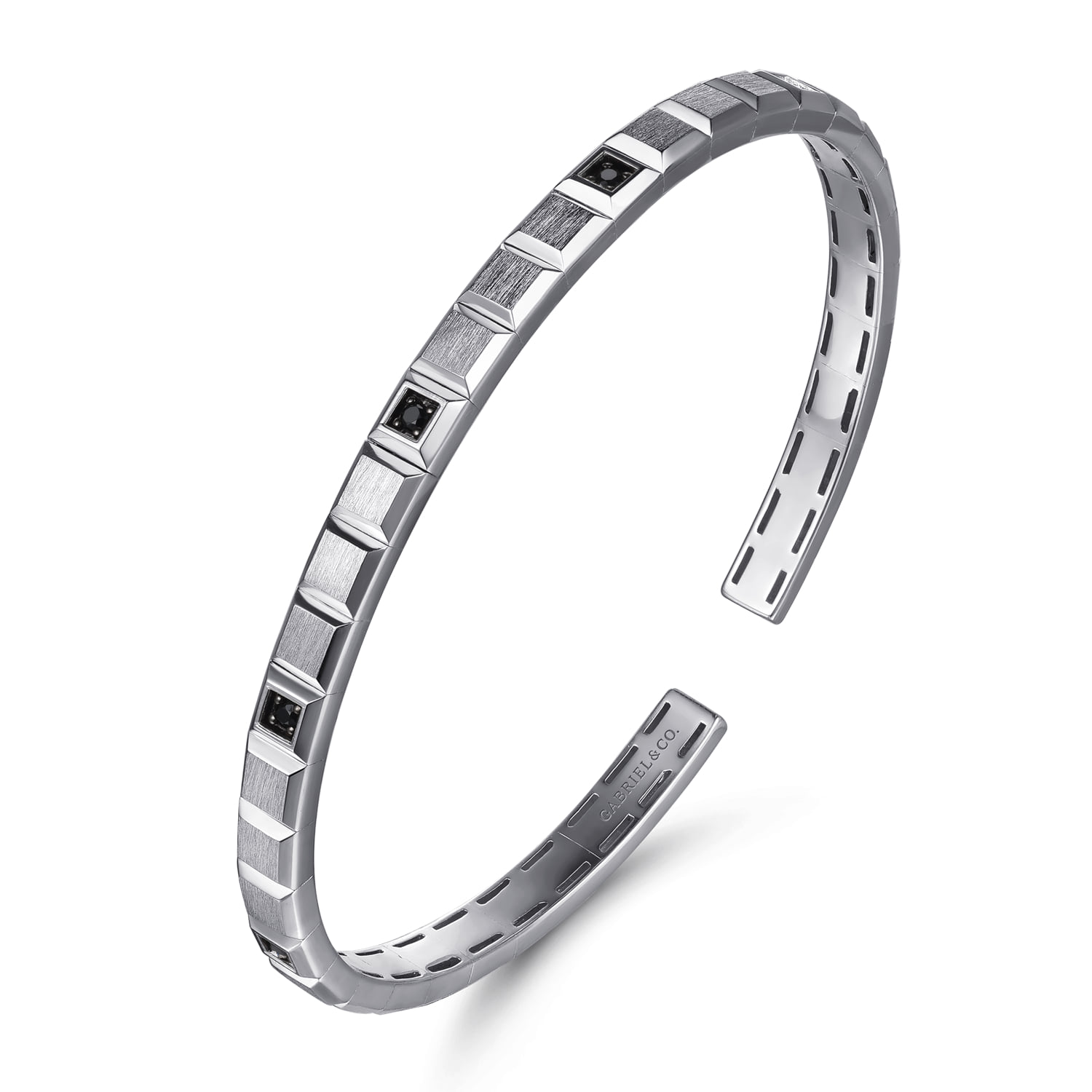 Black Spinel Open Cuff Angular Cuts Square Bangle in Sterling Silver, photograph 2