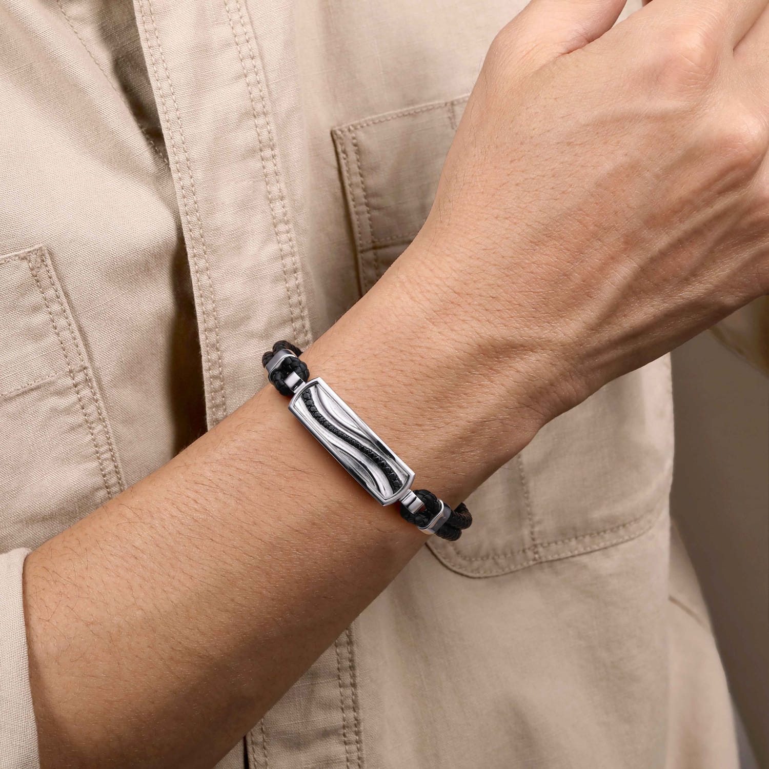 and Leather Bangle with Black Spinel Wave ID Bangle in Sterling Silver, photograph 3