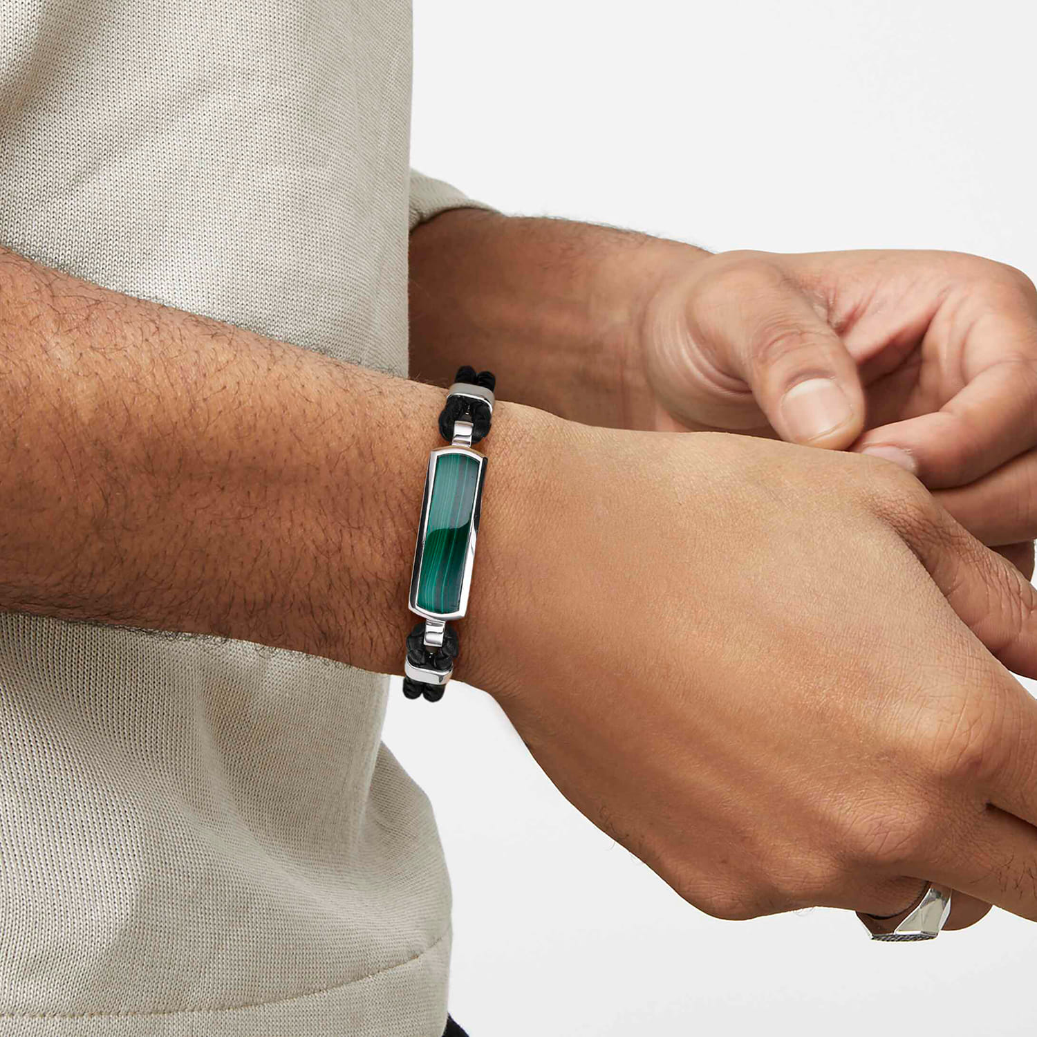 Leather with Malachite ID Bracelet in Sterling Silver, photograph 4