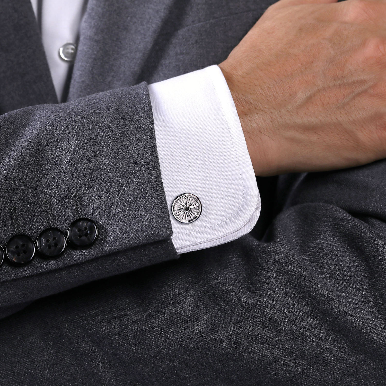 Round Compass Cufflinks with Black Spinel in Sterling Silver, photograph 4