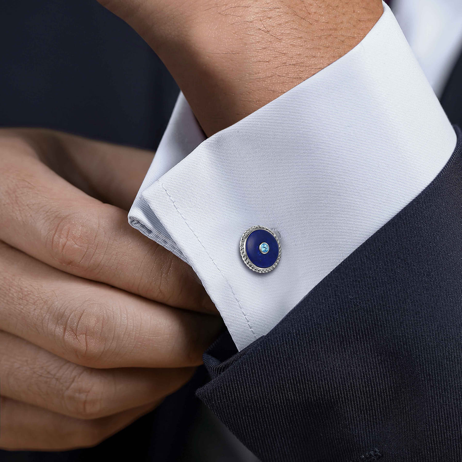 Round Cufflinks with Swiss Blue Topaz and Lapis in Sterling Silver, photograph 2