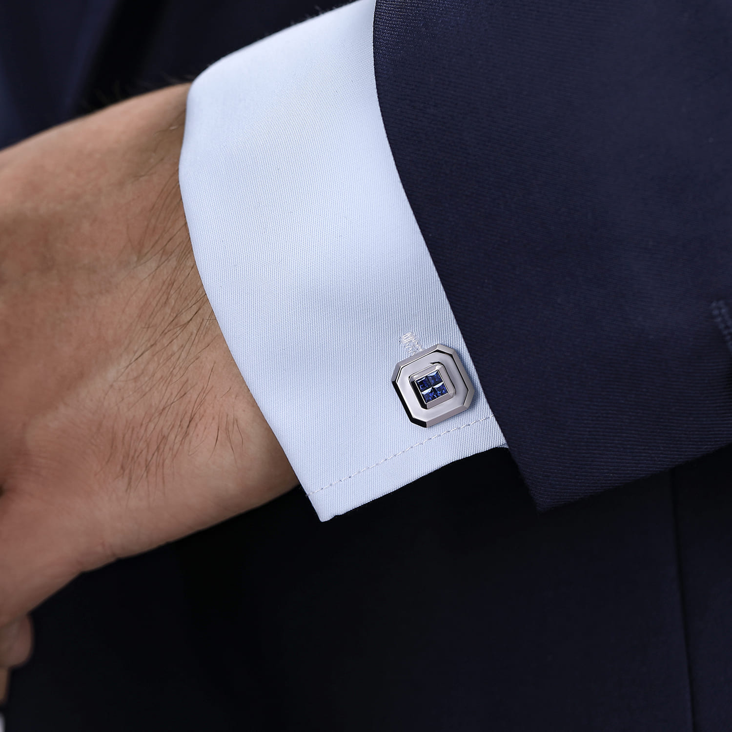 Square Cufflinks with Princess Cut Sapphire Stones in Sterling Silver, photograph 2