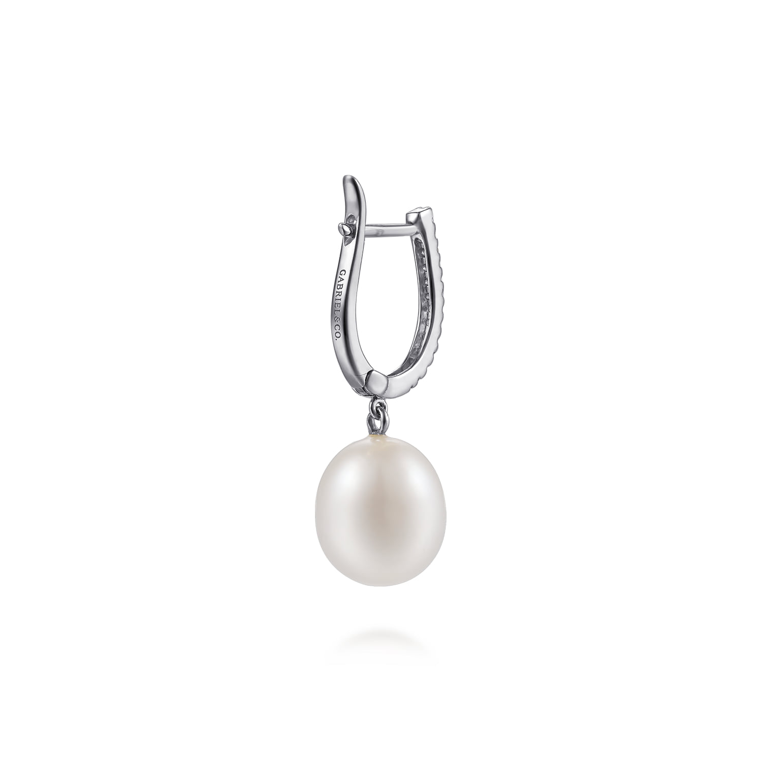 Pearl Drop Diamond Huggies in 14K White Gold, photograph 2