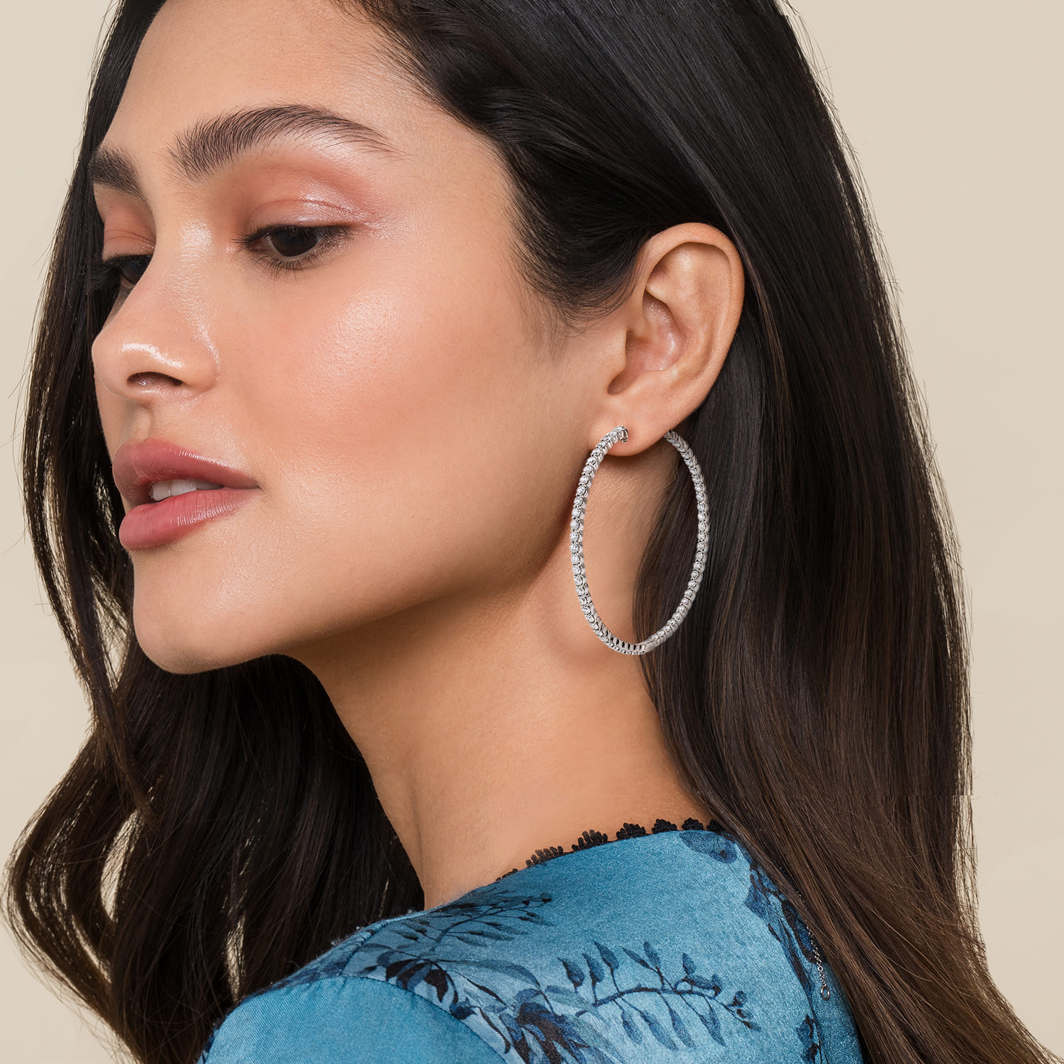 50mm Inside Out Diamond Hoop Earrings in 14K White Gold, photograph 2