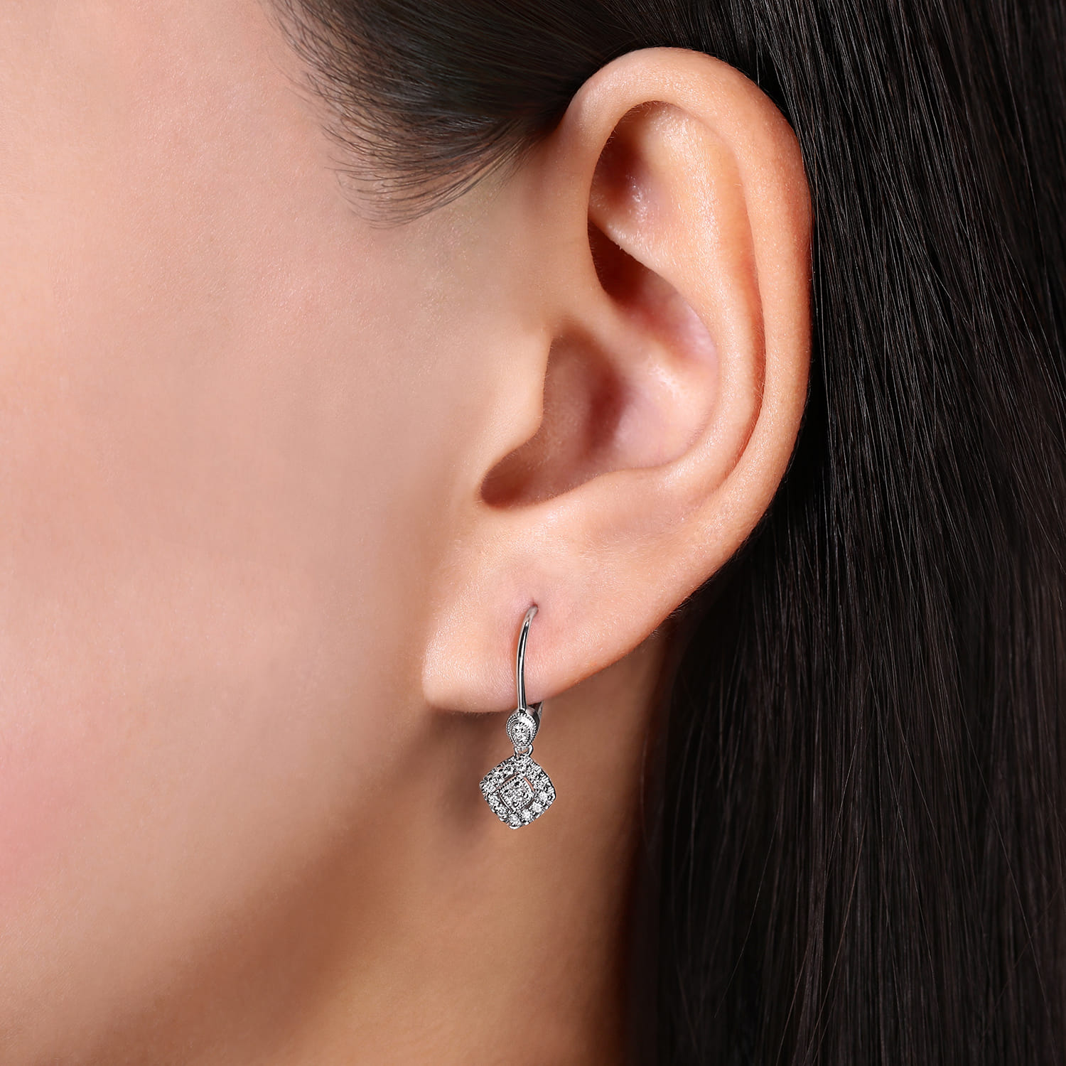 Vintage Inspired Style Square Diamond Drop Earrings in 14K White Gold, photograph 2