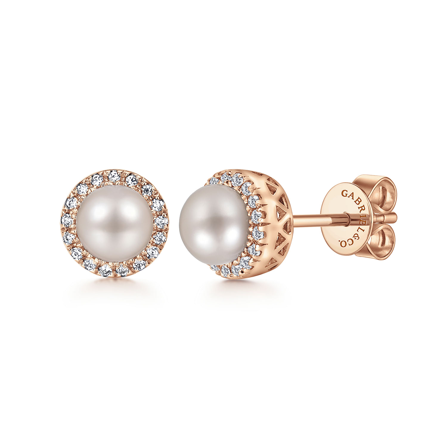 14K Rose Gold Diamond and Pearl Halo Stud Earrings @ $775