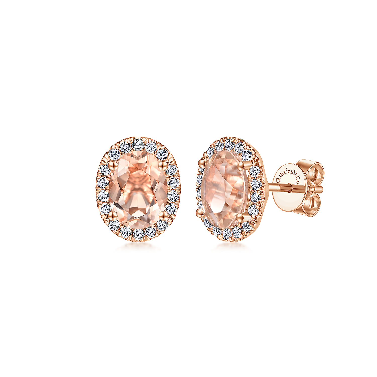 Oval Morganite and Diamond Halo Stud Earrings