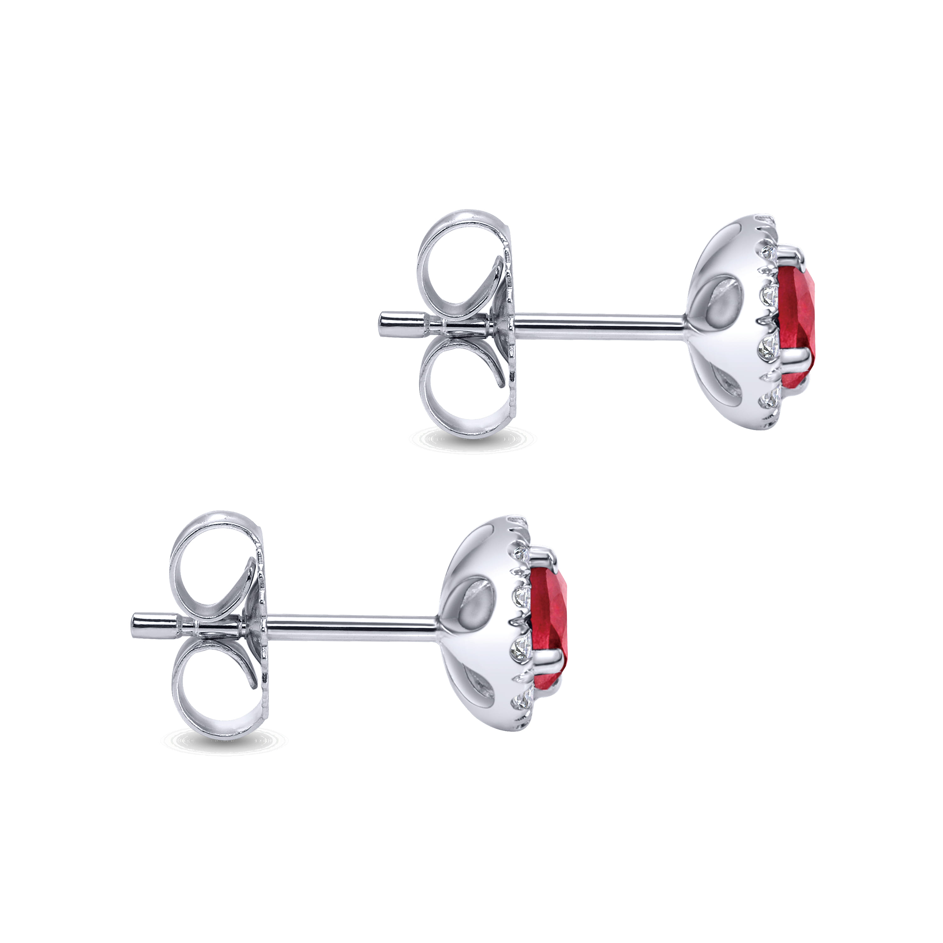 Round Diamond Halo Ruby Stud Earrings in 14K White Gold, photograph 3