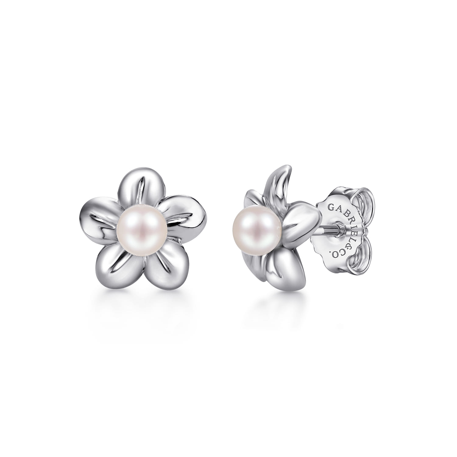 Floral Dainty Cultured Pearl Stud Earrings in Sterling Silver