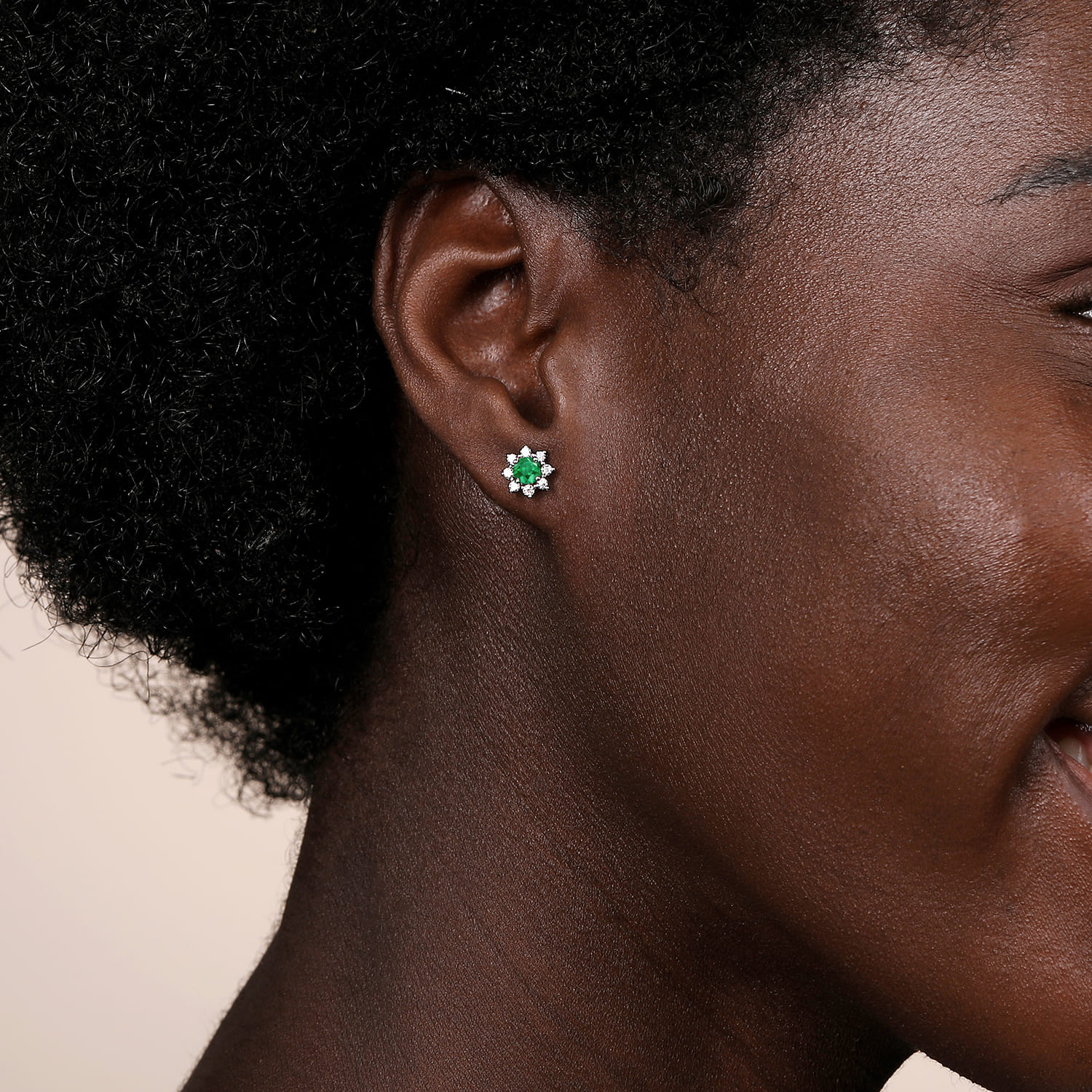 Diamond and Emerald Stud Earrings in 14K White Gold, photograph 2