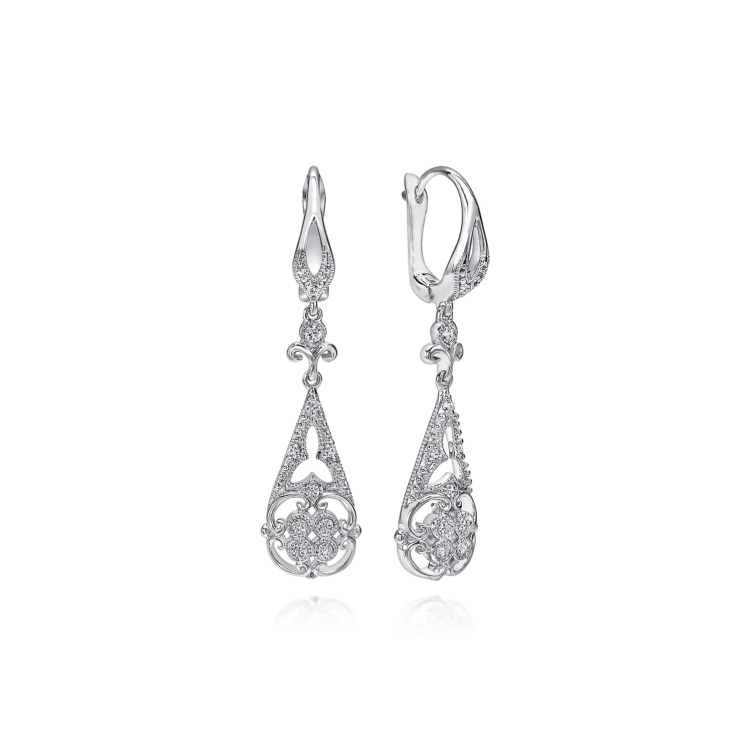 Vintage Inspired Teardrop Cutout Diamond Drop Earrings in 14K White Gold