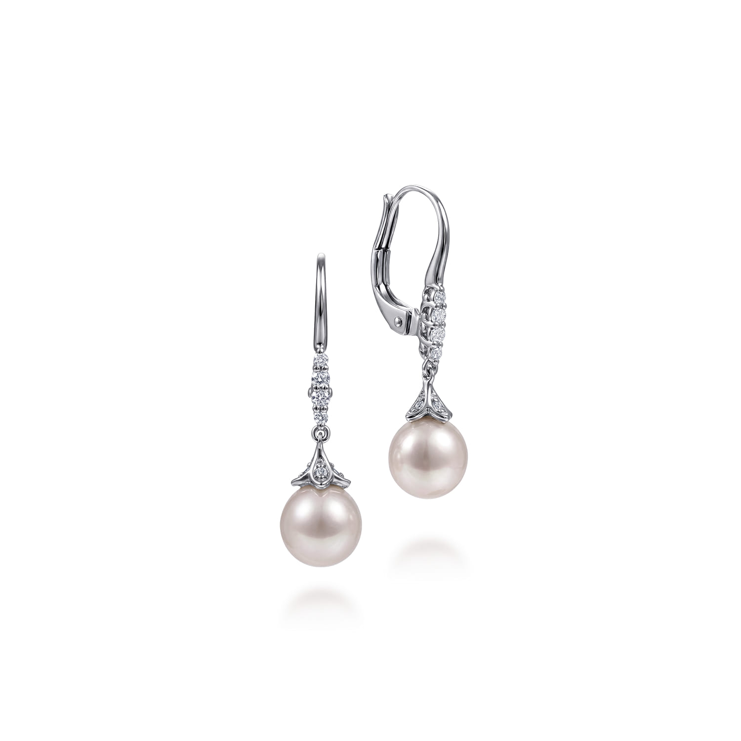Pave Diamond Pearl Drop Earrings in 14K White Gold