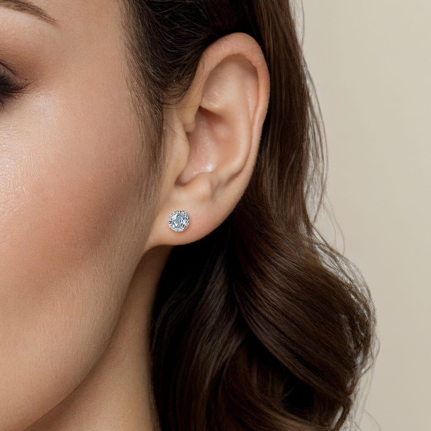 Halo Aquamarine and Diamond Stud Earrings in 14K White Gold, photograph 2