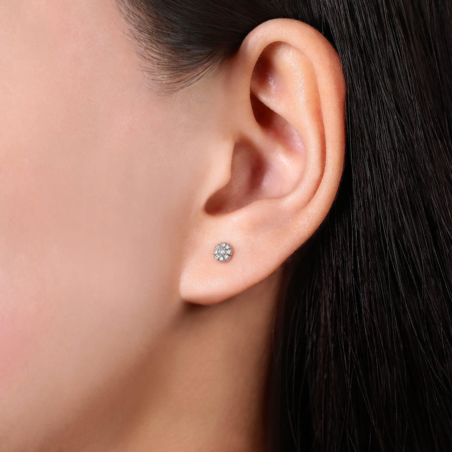 Floral Diamond Stud Earrings in 14K White Gold, photograph 2