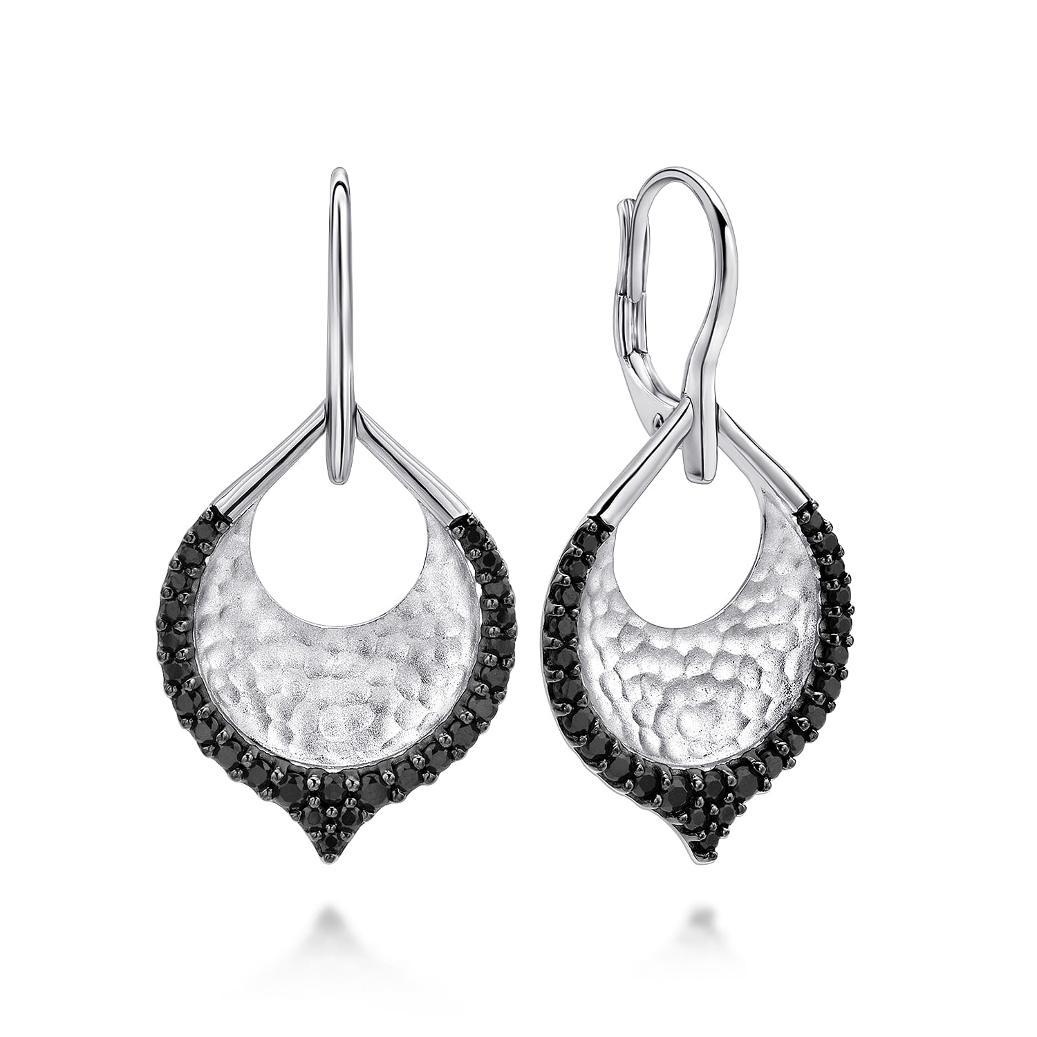 Hammered Teardrop Leverback Earrings with Black Spinel in Sterling Silver